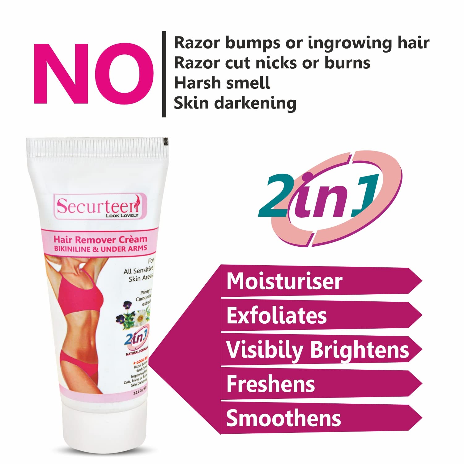 Securteen ISO Certified Hair Removal Cream with Pansy & Chamomile Extract - Gentle Formula for Sensitive Skin | Bikini Line & Underarm Hair Remover | 60g | Perfect for At-Home Smoothing & Pre-Vacation Prep