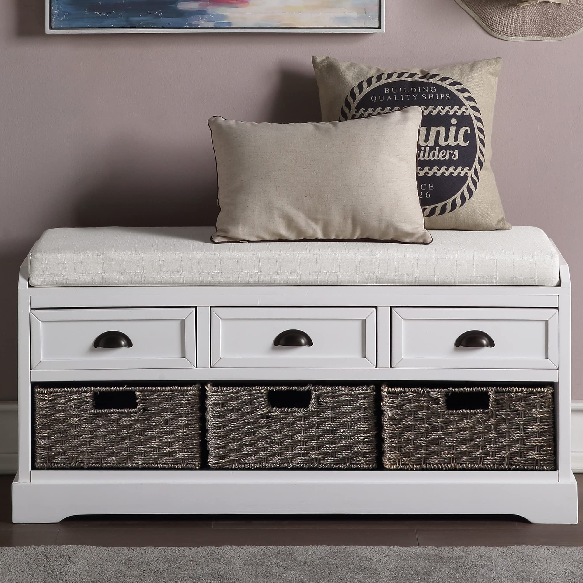QJM Wooden Storage Bench with 3 Drawers & 3 Baskets - Entryway Bench for Hallway, Living Room & Bedroom - Gray & White Shoe Storage Organizer for Home Decor