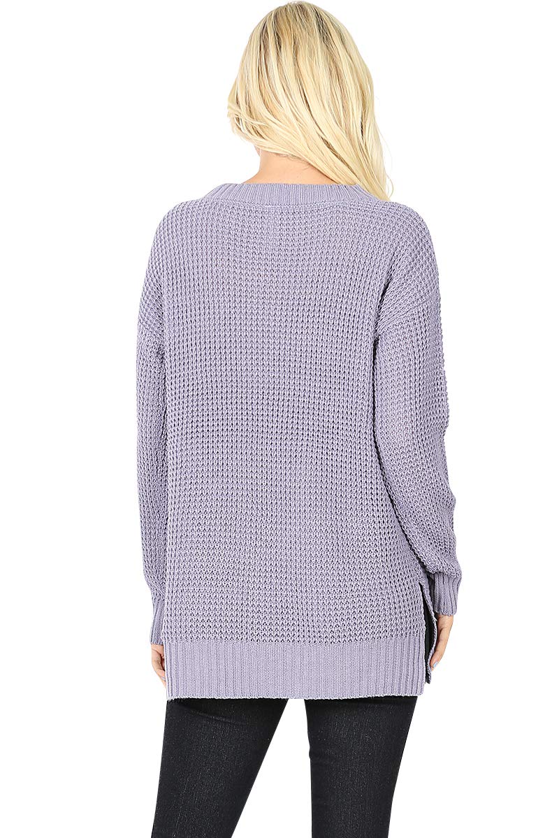 Women's Long Sleeve Crewneck Waffle Knit Sweater - Loose Fit Pullover with Side Slits, Black (Medium) | Casual Winter Wear, Office Outfits & Cozy Fall Layering