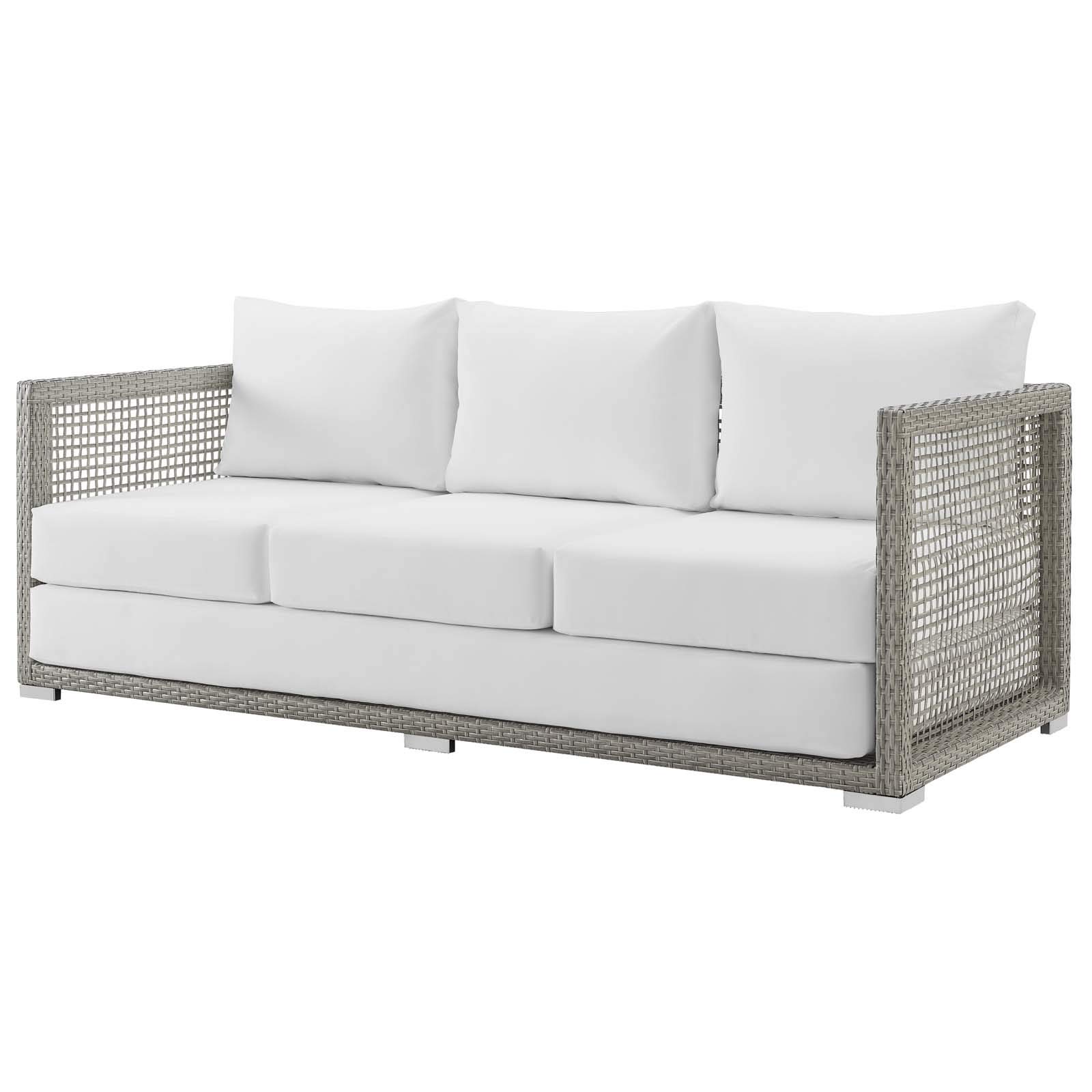 Modern Outdoor Patio Lounge Sofa Set with Rattan Wicker Fabric - 3-Piece Grey/White Furniture for Garden, Poolside & Backyard Relaxation