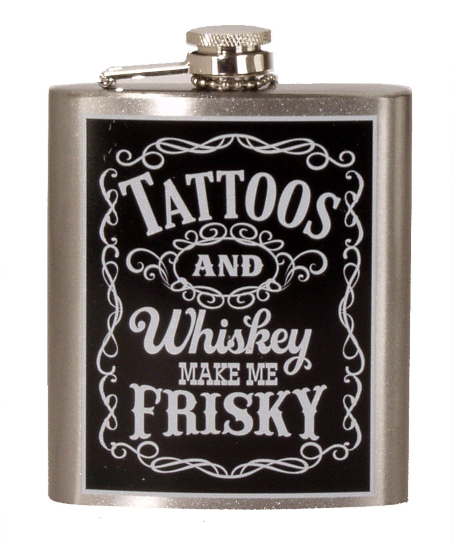 Spoontiques 15751 Stainless Steel Whiskey Flask with Tattoo Design - Perfect for Outdoor Adventures, Camping, and Gifts