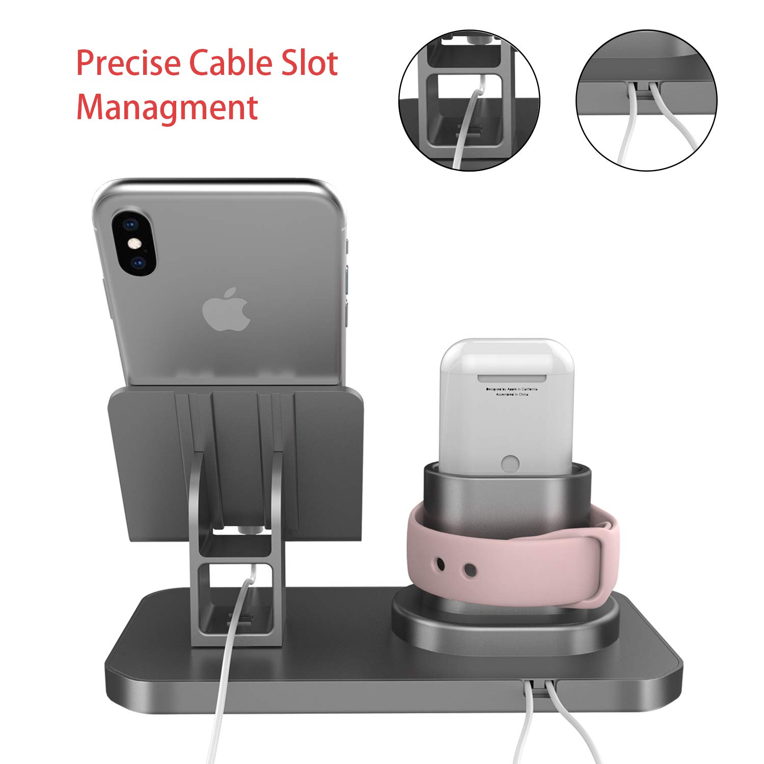 3 in 1 Multi-Angle Adjustable Phone Stand Holder for iPhone 16 Series/Samsung Galaxy S24 Series/Apple Watch 4-7/AirPods - Universal Charging Dock for Desk, Nightstand & Office Use (Gray)