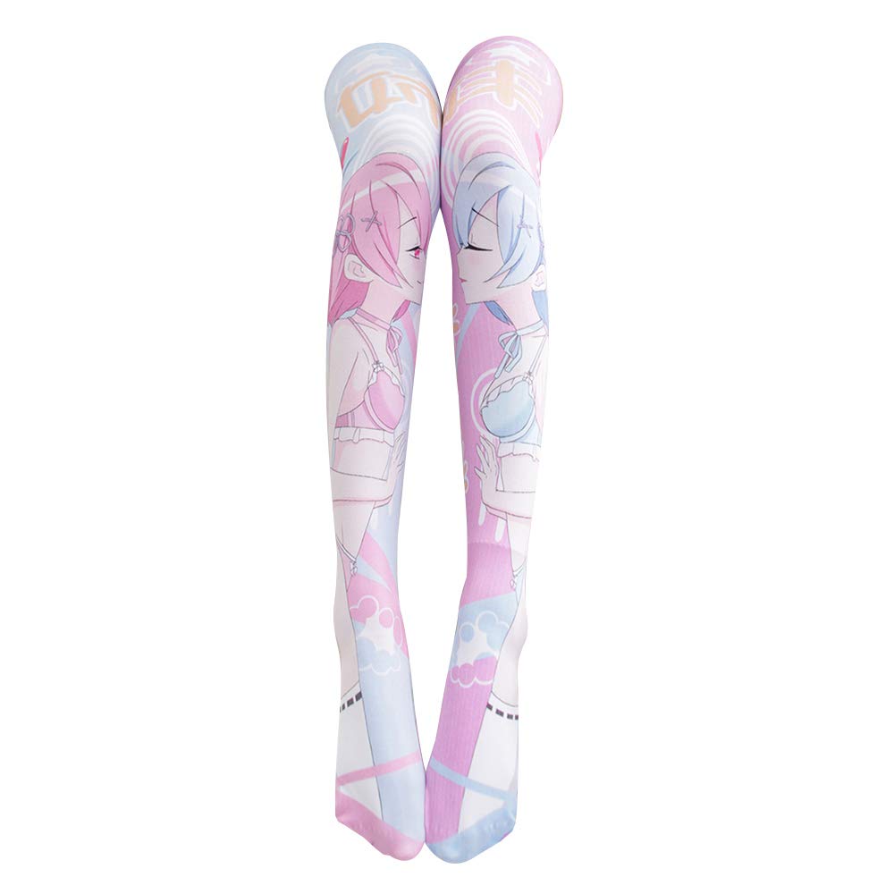 YOMORIO Anime Cosplay Stockings - Rem and Ram Cute Knee High Socks for Costume, Halloween, Conventions & Kawaii Fashion Outfits