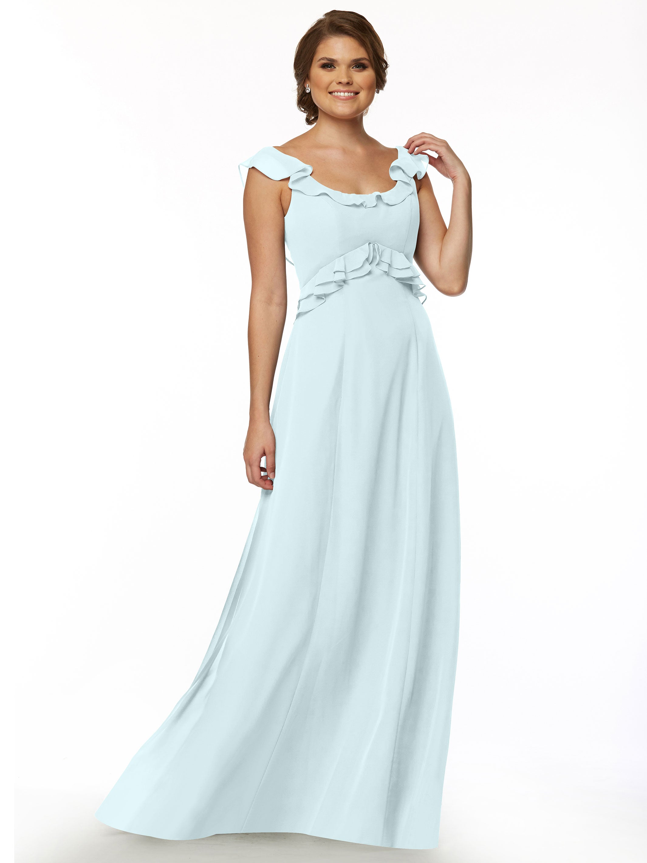 Elegant Off-the-Shoulder Chiffon Bridesmaid Dress with Ruffled Bodice - A-Line Silhouette for Weddings, Parties & Formal Events (Style 80173)