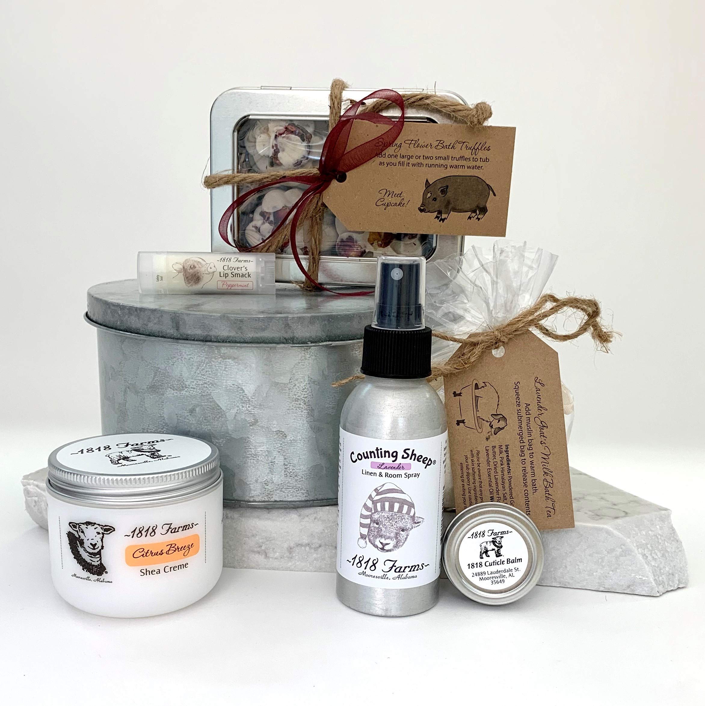 1818 Farms Luxury Gift Basket - Shea Cream, Bath Tea, Cuticle Balm, Linen Spray, Bath Truffle & Lip Balm Set | Perfect Spa & Self-Care Gift for Women, Mothers Day, Birthday & Holidays