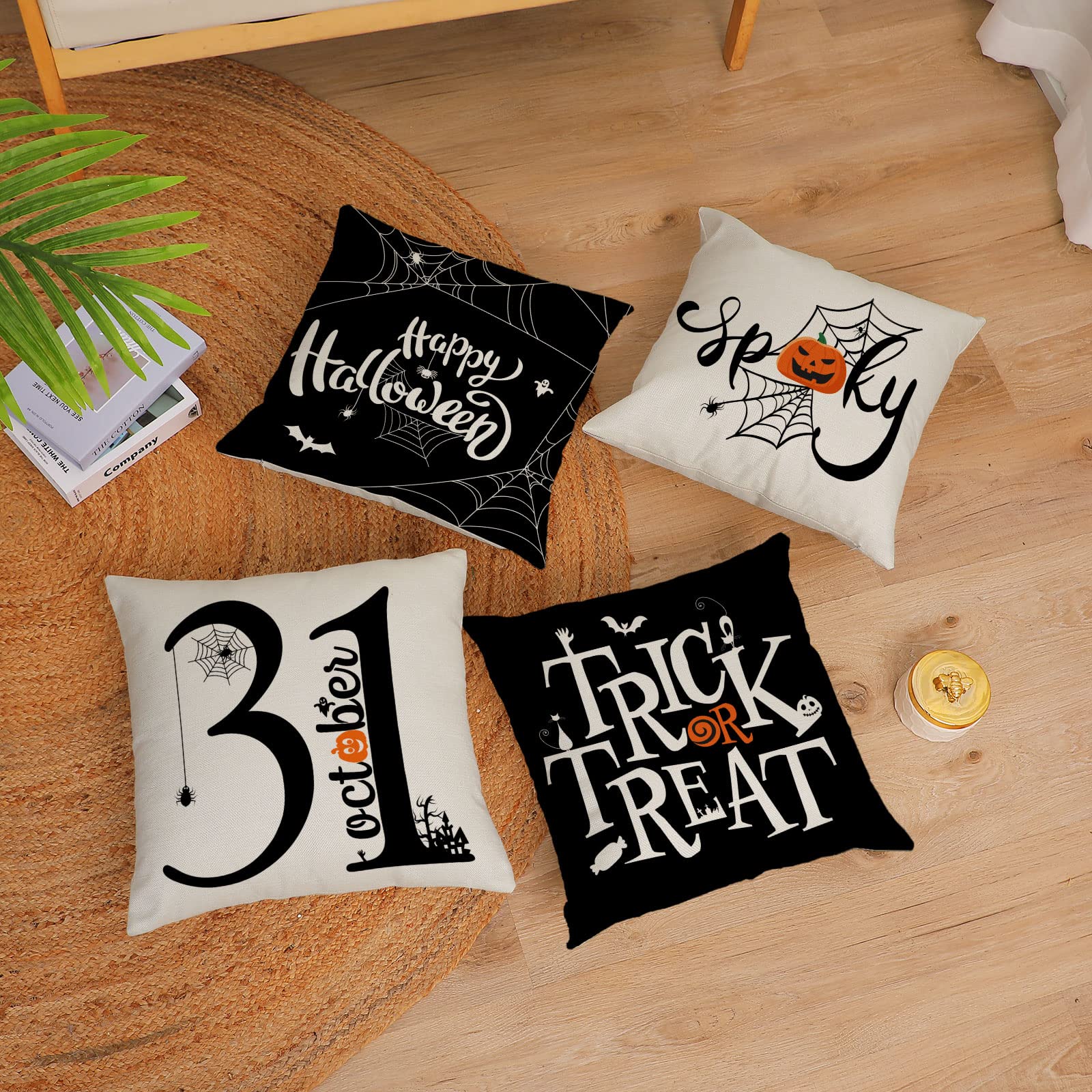 Halloween Pillow Covers 12x12 Set of 4 - Spooky Trick or Treat Throw Pillow Covers with Black Spider Web Design for Sofa, Couch, Bed - Perfect for Indoor & Outdoor Halloween Decorations (12 by 12 Inches)