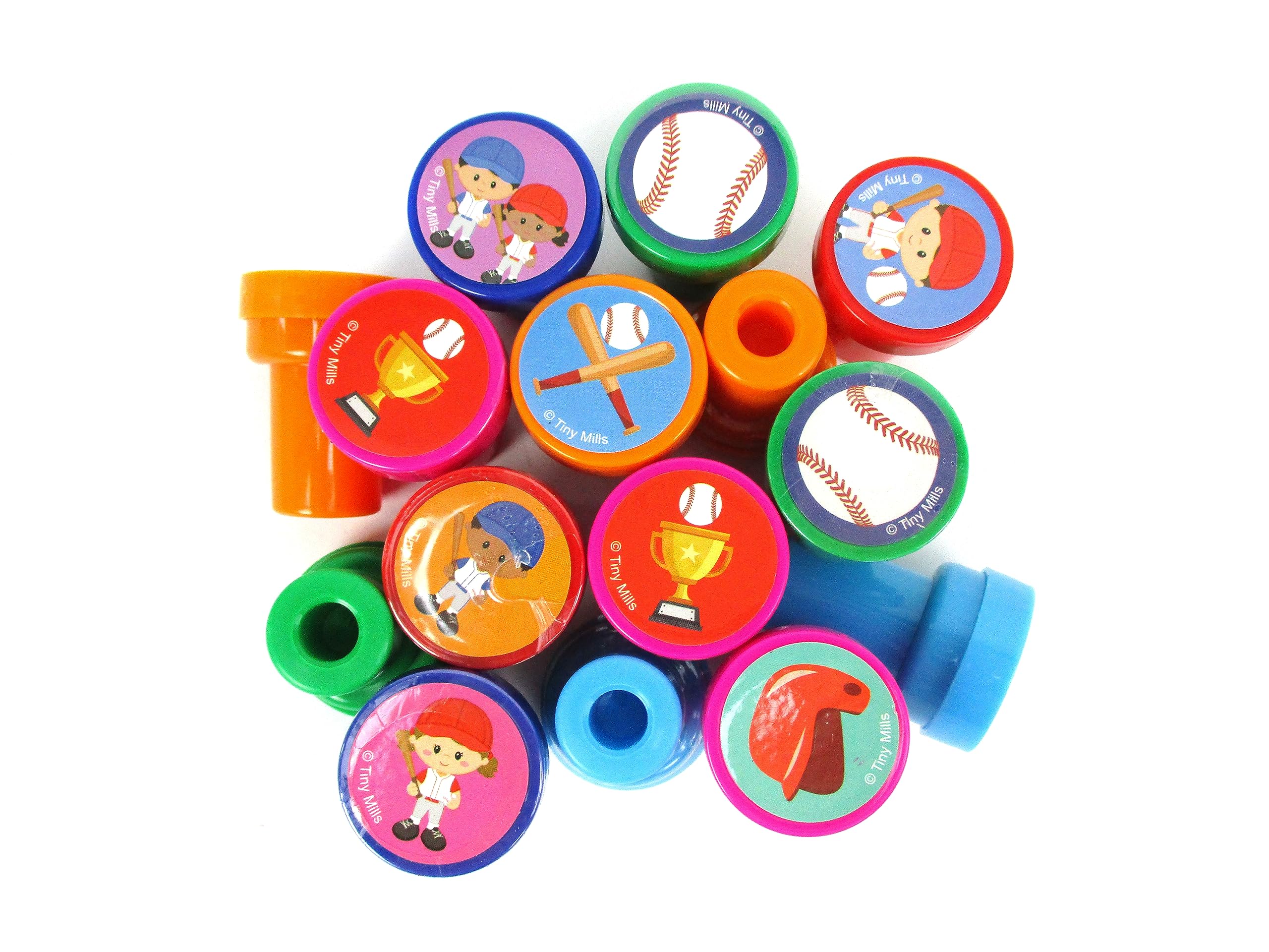 TINYMILLS 24 Pcs Baseball Themed Self-Inking Stamps for Kids - 12 Unique Designs, Perfect for Baseball Party Favors, Football Goody Bags, Carnival Prizes & Sports Themed Events - Great for DIY Crafts, Scrapbooking & Classroom Rewards