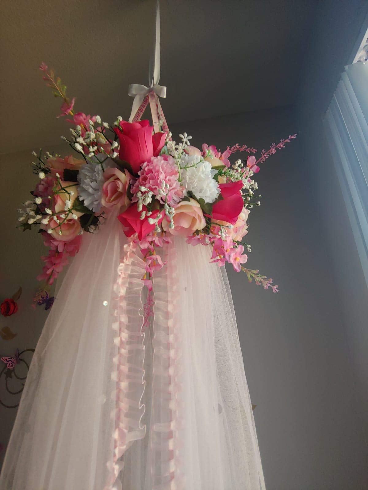 Handmade Pink and White Flowers Bed Canopy for Crib - Elegant Girl's Bedroom Decor, Nursery Decor, Reading Nook Canopy - Perfect for Baby Shower Gifts & Cozy Nursery Setup
