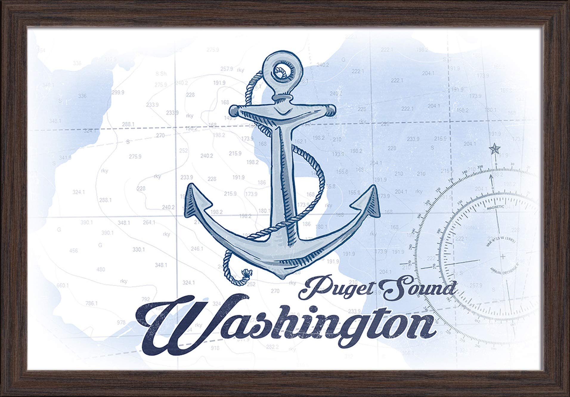 Puget Sound Washington Anchor Blue Coastal Art Print - 16x24 Giclee Fine Art on Recycled Wood Frame in Espresso Brown - Perfect for Beach House Decor, Nautical Theme Rooms & Pacific Northwest Wall Art