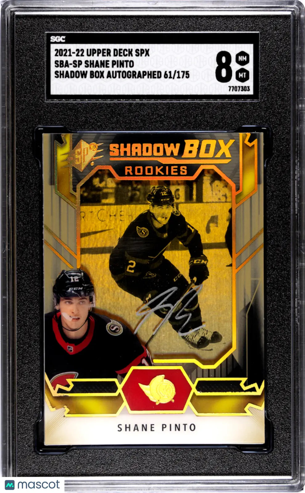 2021 Upper Deck SPX Shane Pinto Rookie Shadow Box Autograph SGC 8/175 - Rare Hockey Trading Card for Collectors & Sports Fans - Perfect for Memorabilia Displays & Investment Collections