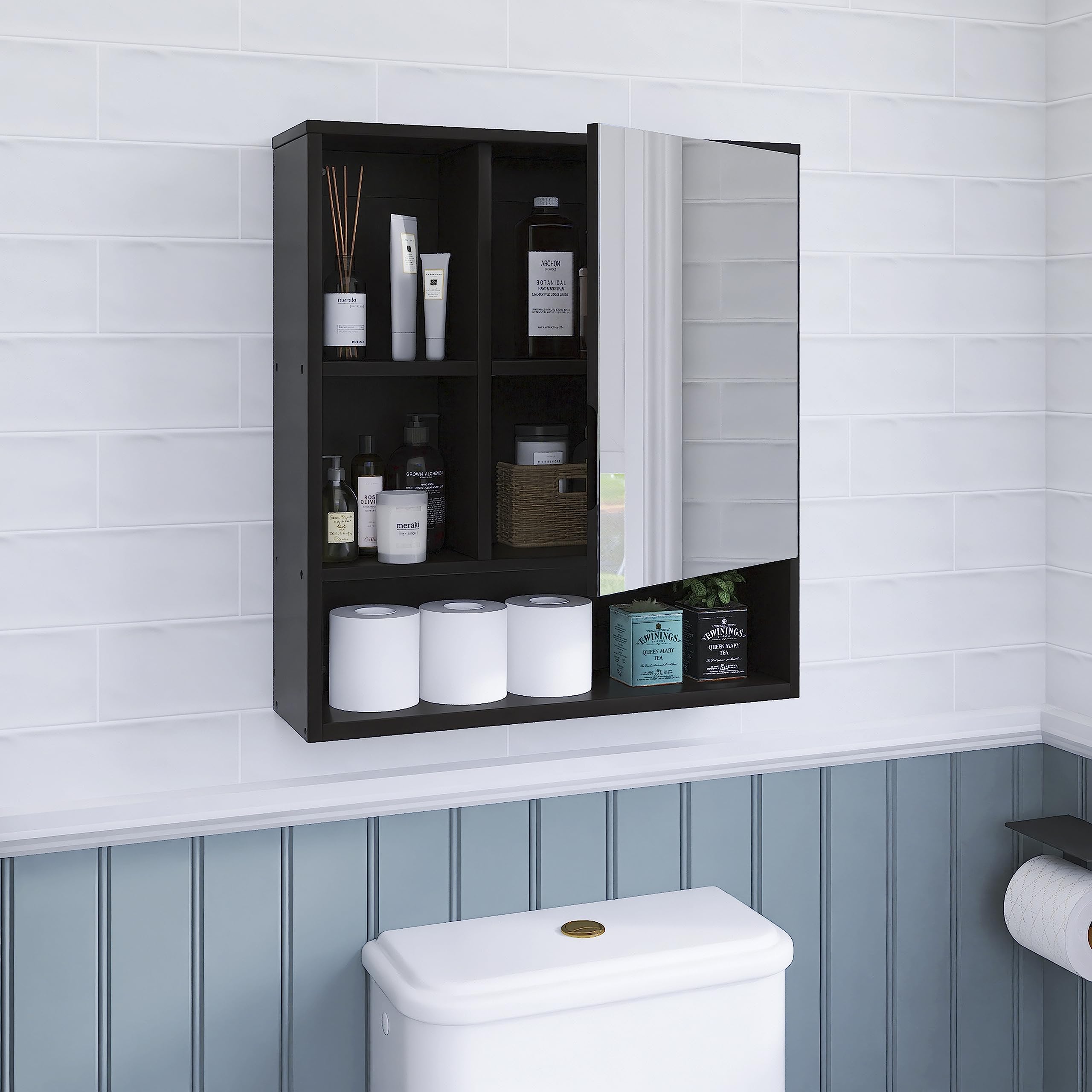 SMIBY Wall Mounted Bathroom Mirror Cabinet - Bamboo Medicine Cabinet with Adjustable Shelf, Space Saving Over Toilet Storage for Bathroom Organization (Black) - Perfect for Small Bathrooms, Apartments & Vanity Areas
