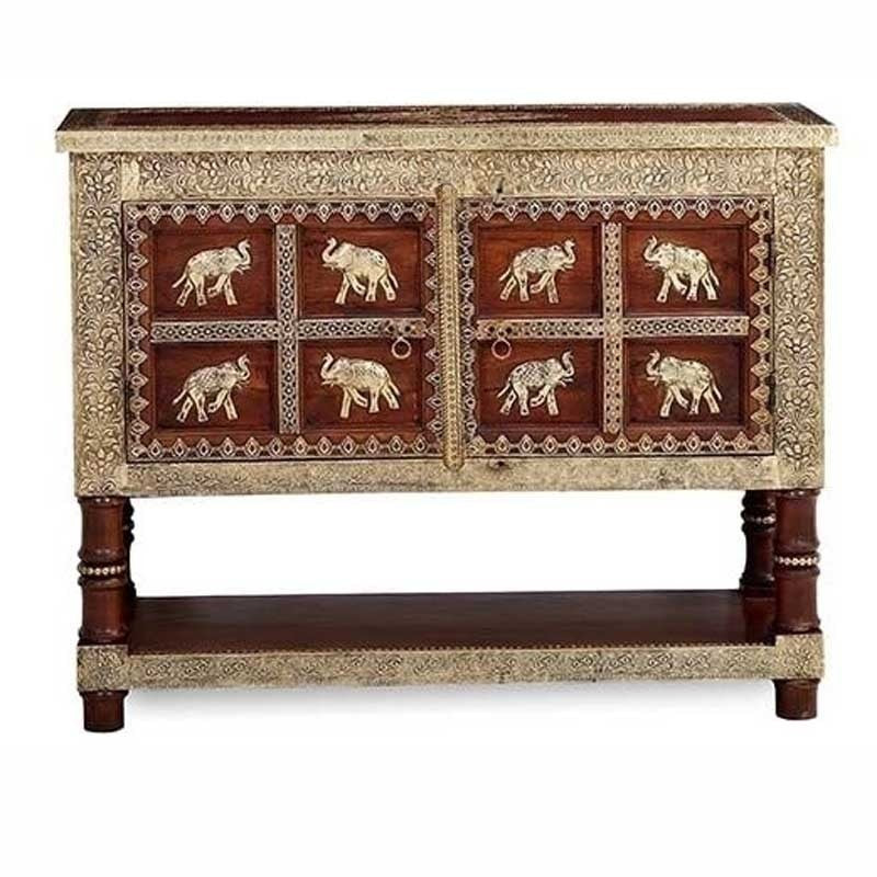 Antique Brass Embossed Solid Wood Cabinet with Brass Fittings - Vintage Ethnic Furniture for Living Room, Bedroom & Office Storage