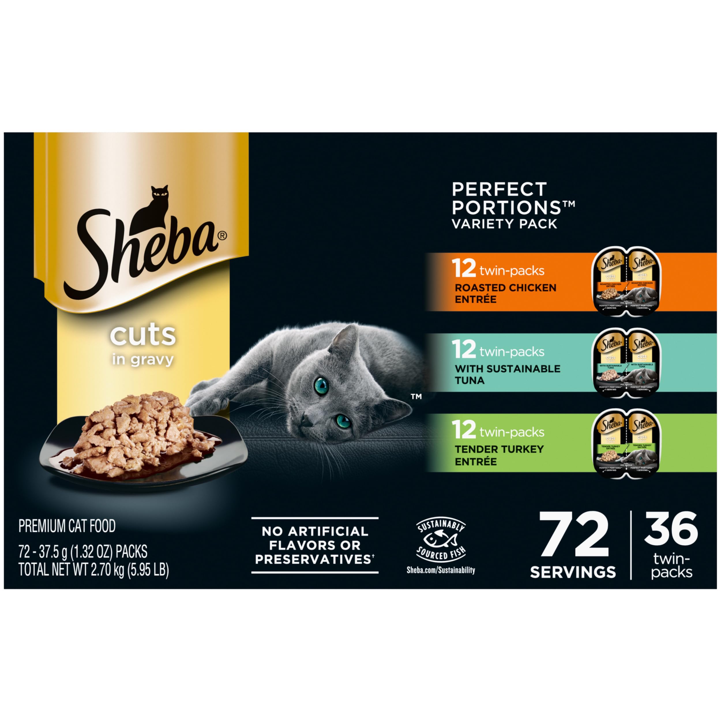 Sheba Perfect Portions Wet Cat Food Variety Pack - Roasted Chicken, Sustainable Tuna & Tender Turkey in Gravy (36 Twin-Pack Trays, 72 Servings) | Premium Grain-Free Cat Food for Adult & Senior Cats | Ideal for Mealtime, Travel & Special Treats