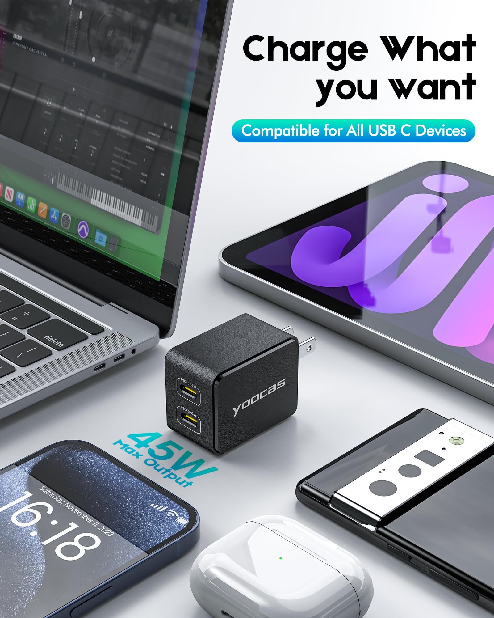 45W Super Fast USB C Wall Charger, 2-Port PD PPS GaN Charger Block for iPhone 15, Galaxy S23 Ultra, iPad Pro, MacBook - Compact Foldable Design - Perfect for Travel, Office & Home Use - Black