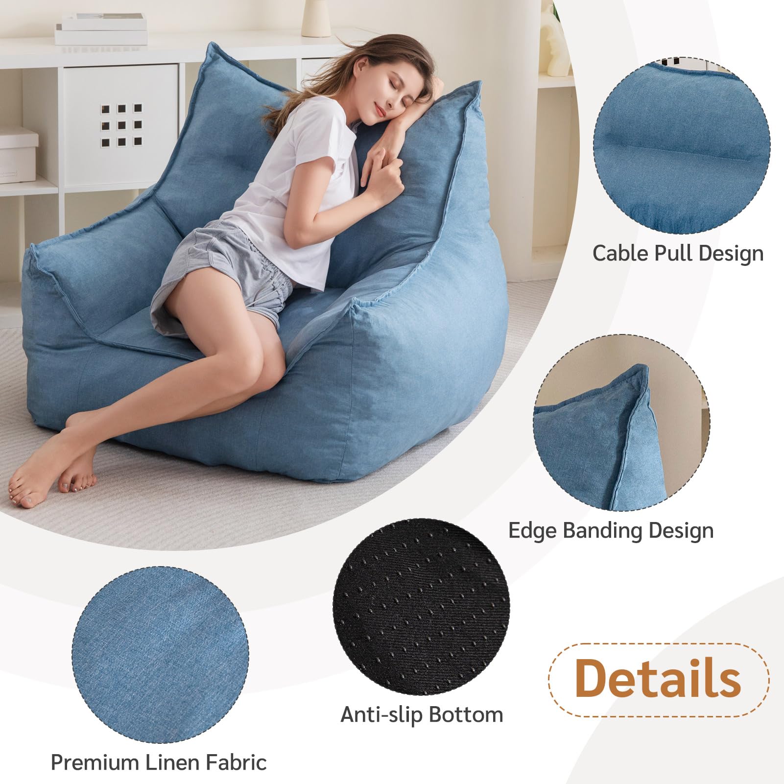 MAXYOYO Giant Bean Bag Chair with Armrests - Oversized Bluestone Bean Bag Sofa for Adults | Perfect for Living Room Lounging, Gaming & Movie Nights