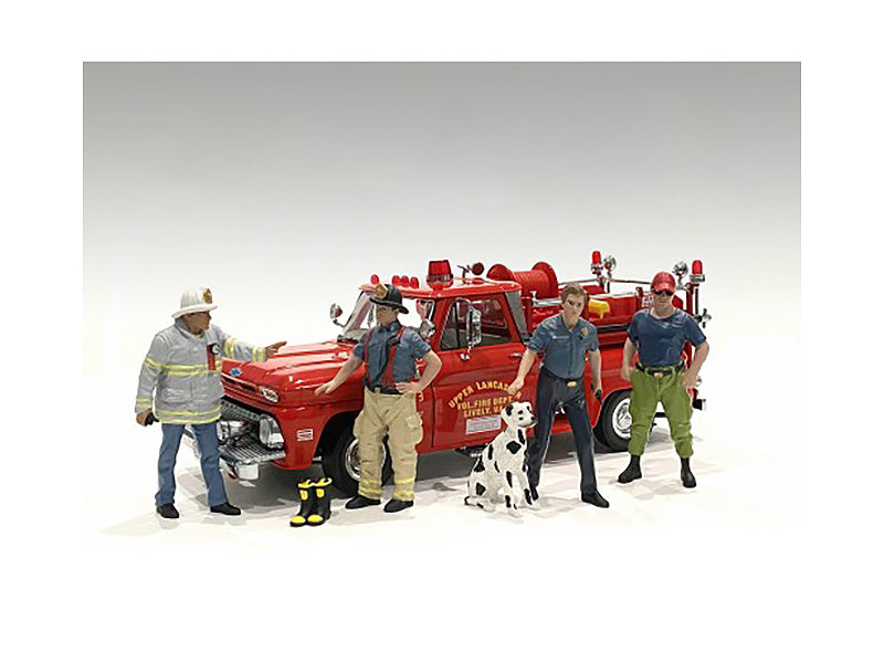 American Diorama 1/18 Scale Firefighter Action Figures - 6 Piece Set (4 Male Firefighters, 1 Dog & Accessories) for Diorama Displays & Model Train Scenes