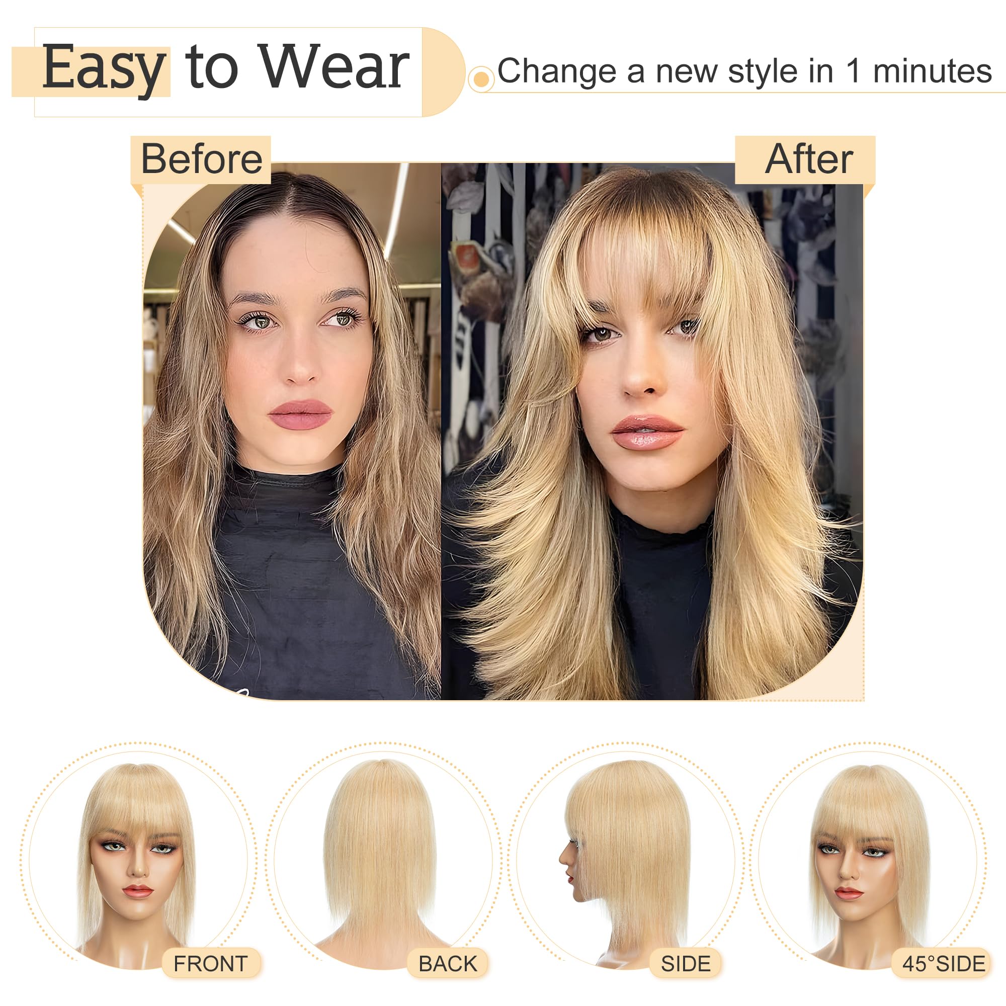 SEGO 100% Remy Human Hair Toppers for Women with Bangs - 16 Inch Natural Blonde Clip-in Top Wiglet (7x13cm Silk Base) for Thinning Hair | Perfect for Daily Wear, Parties & Special Occasions
