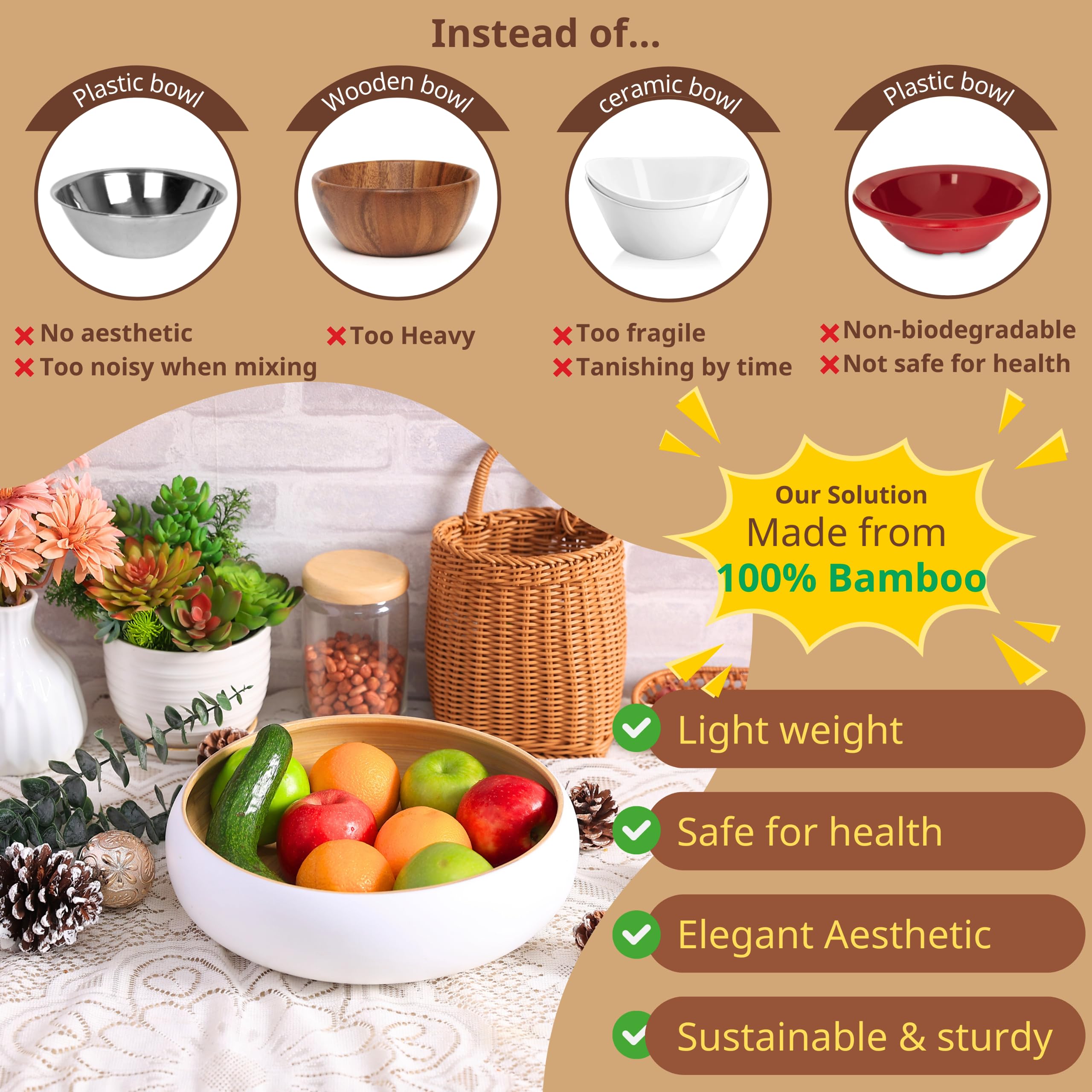 CLAYNIX White Bamboo Fruit Bowl - Large Decorative Serving Bowl for Kitchen Counter, Dining Table & Fruit Display | Perfect for Entertaining, Snacks & Home Decor