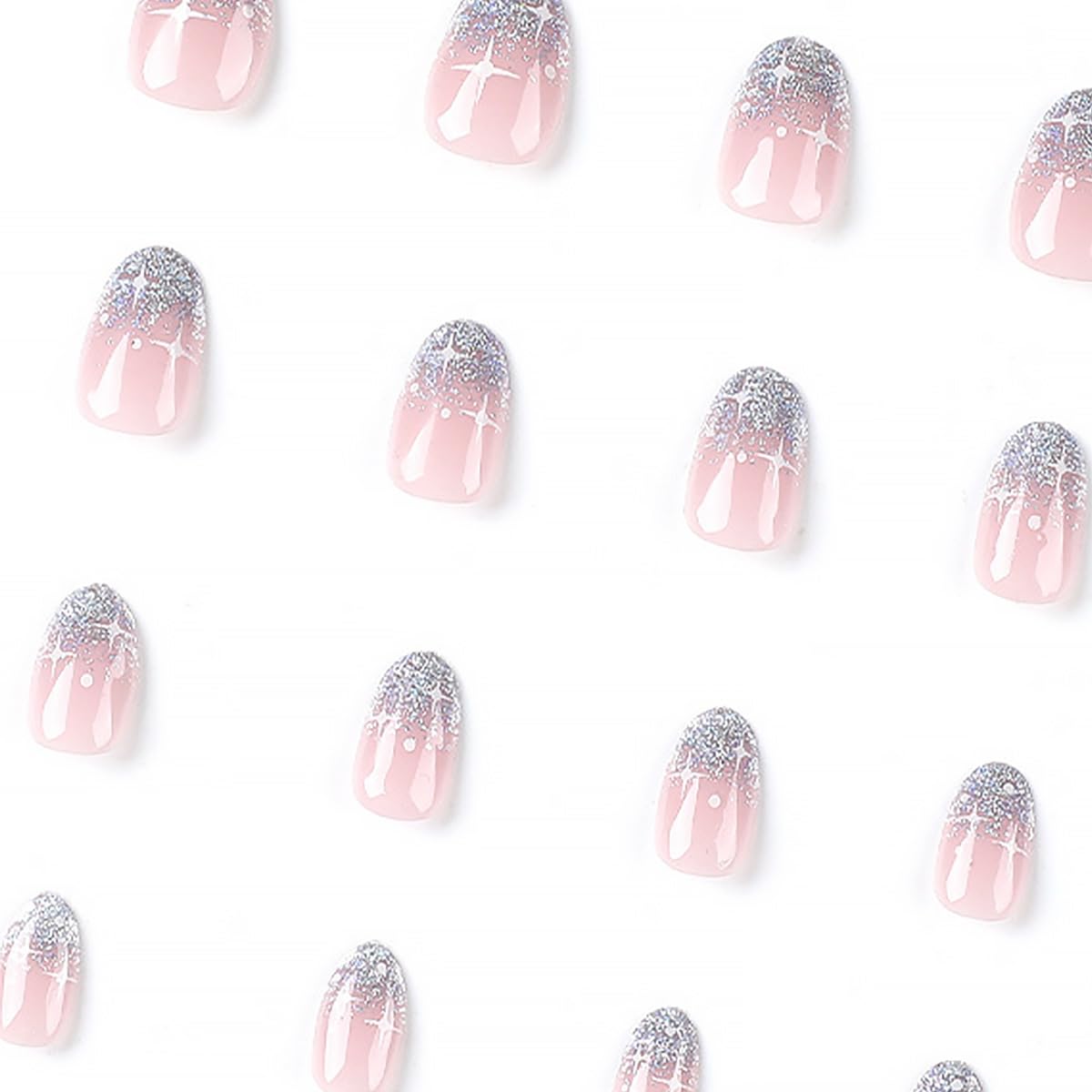 24Pcs Short Press On Nails - Oval Powder False Nails with Star Design, Silver Glitter Almond Nails Set for Women & Girls | Easy Glue On Nails for Daily Wear, Parties, and Special Occasions | Nail Art Supplies