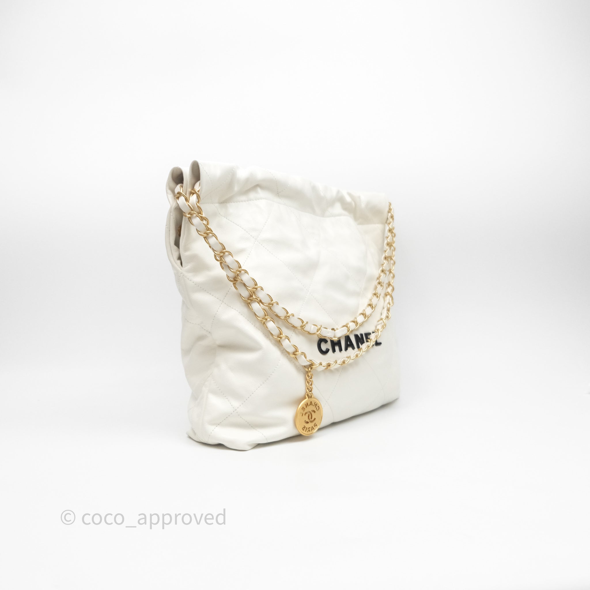 Chanel 22 Small Handbag in White Aged Calfskin with Black Logo & Aged Gold Hardware - Perfect for Everyday Luxury & Evening Events