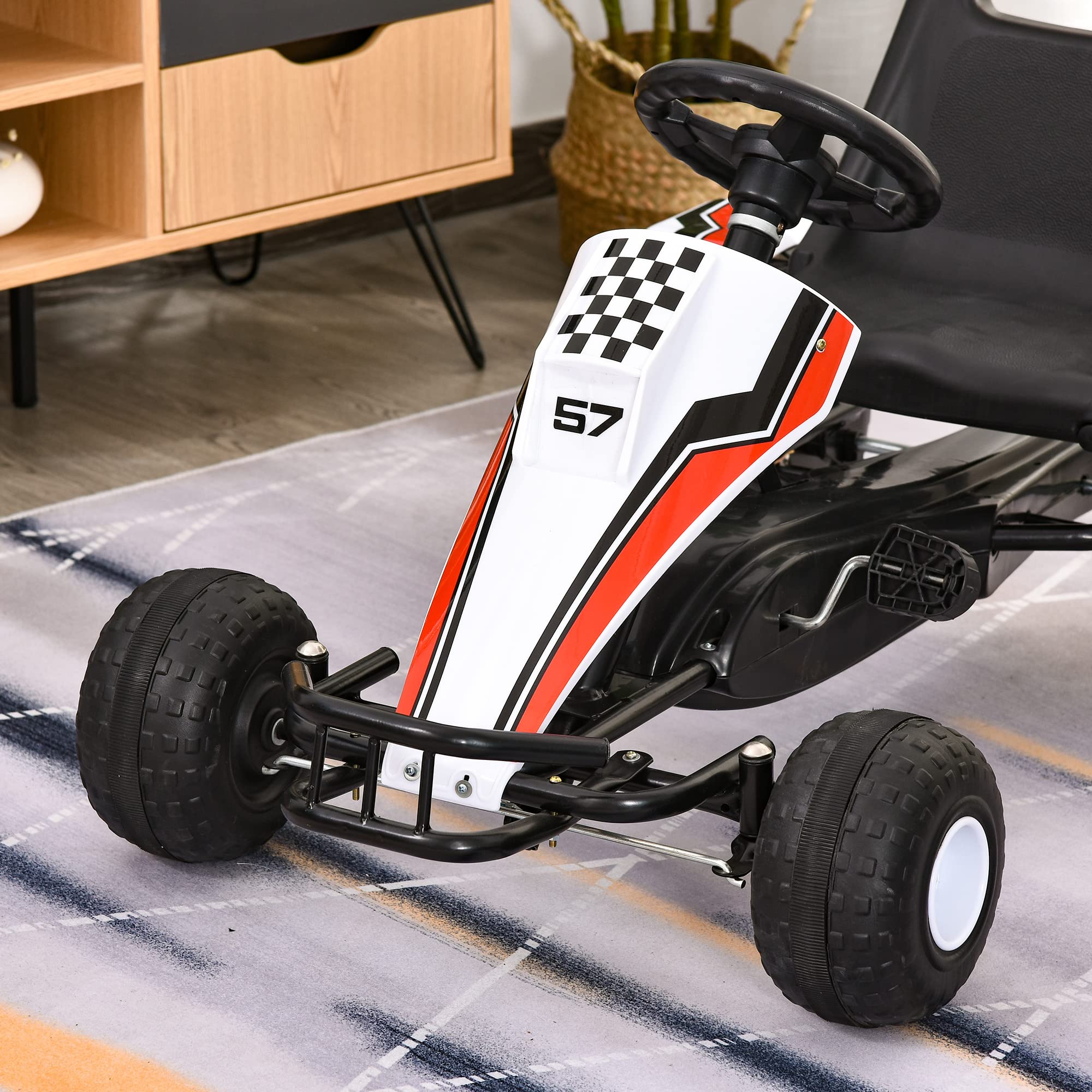 **HOMCOM Kids Pedal Go Kart for Ages 3+ | Adjustable Seat & Hand Brake | 104x66x57cm White & Black | Outdoor Play & Backyard Fun**