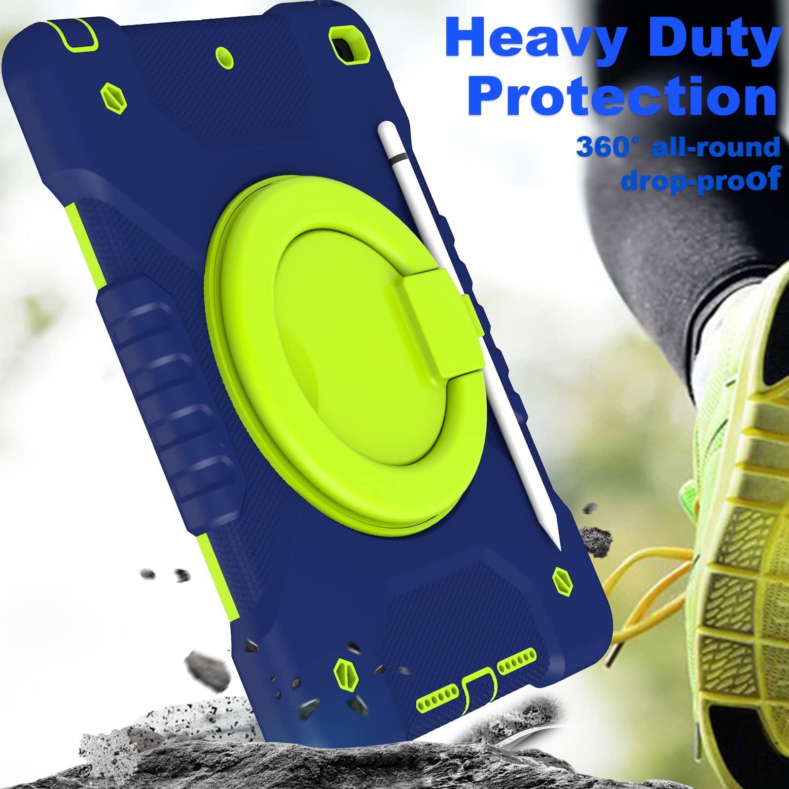 Shockproof iPad 10.2 Case for 9th/8th/7th Gen (2021/2020/2019) - Heavy Duty Rotating Handle Stand with Stylus Holder & Shoulder Strap - Navy & Green Protective Cover for Kids, Students & Professionals - Perfect for School, Travel & Outdoor Use