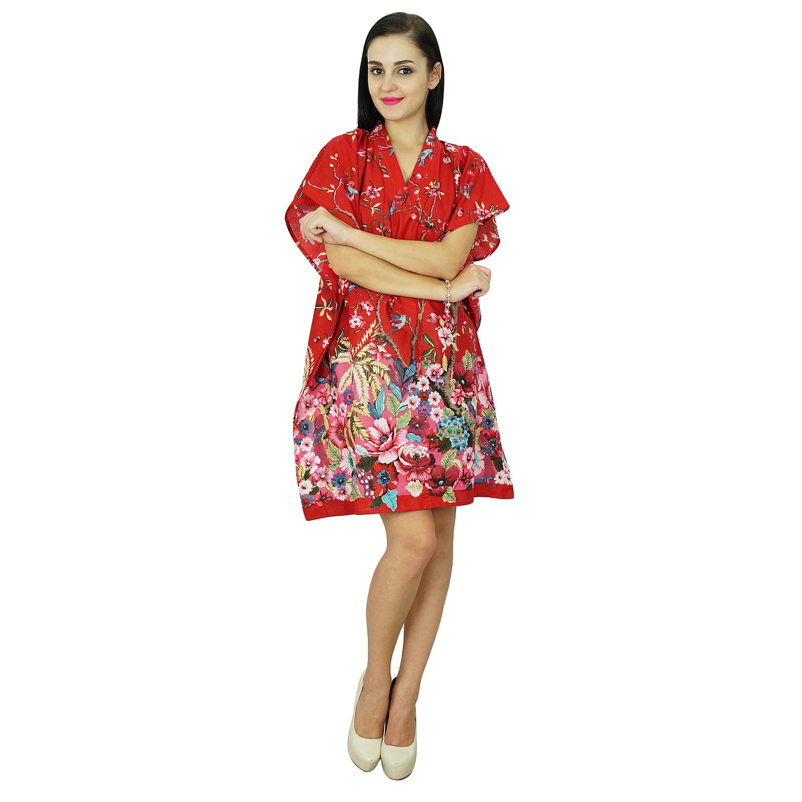 Bimba Women's Floral Kaftan Dress - Lightweight Cotton Beach Cover Up, Short Sleeve Summer Caftan for Vacation, Pool Party & Boho Outfit