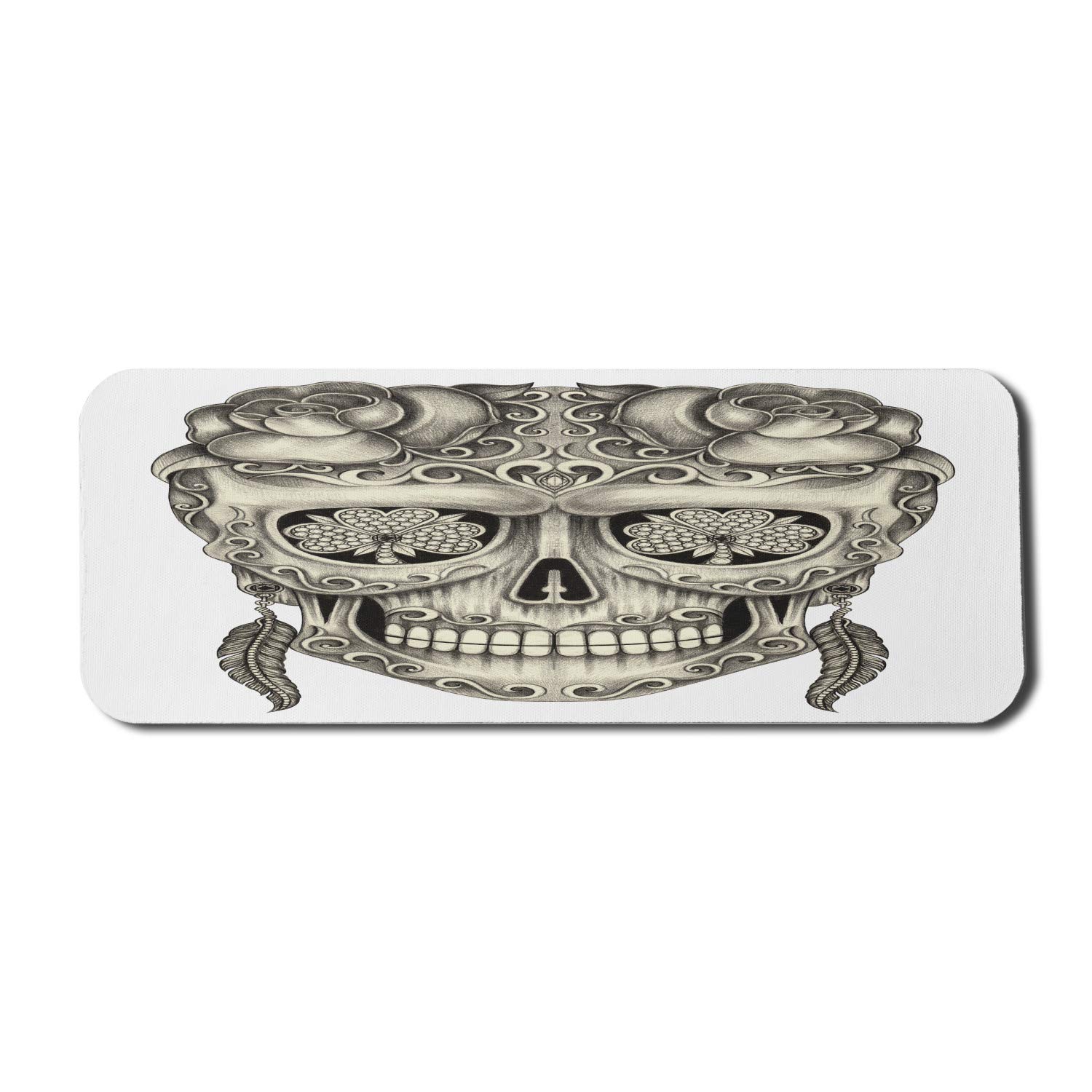 Ambesonne Day of The Dead Mouse Pad - Spanish Sugar Skull Design with Roses, Dragonfly, Eyes, Feather & Earrings - Non-Slip Rubber Gaming Mousepad (31