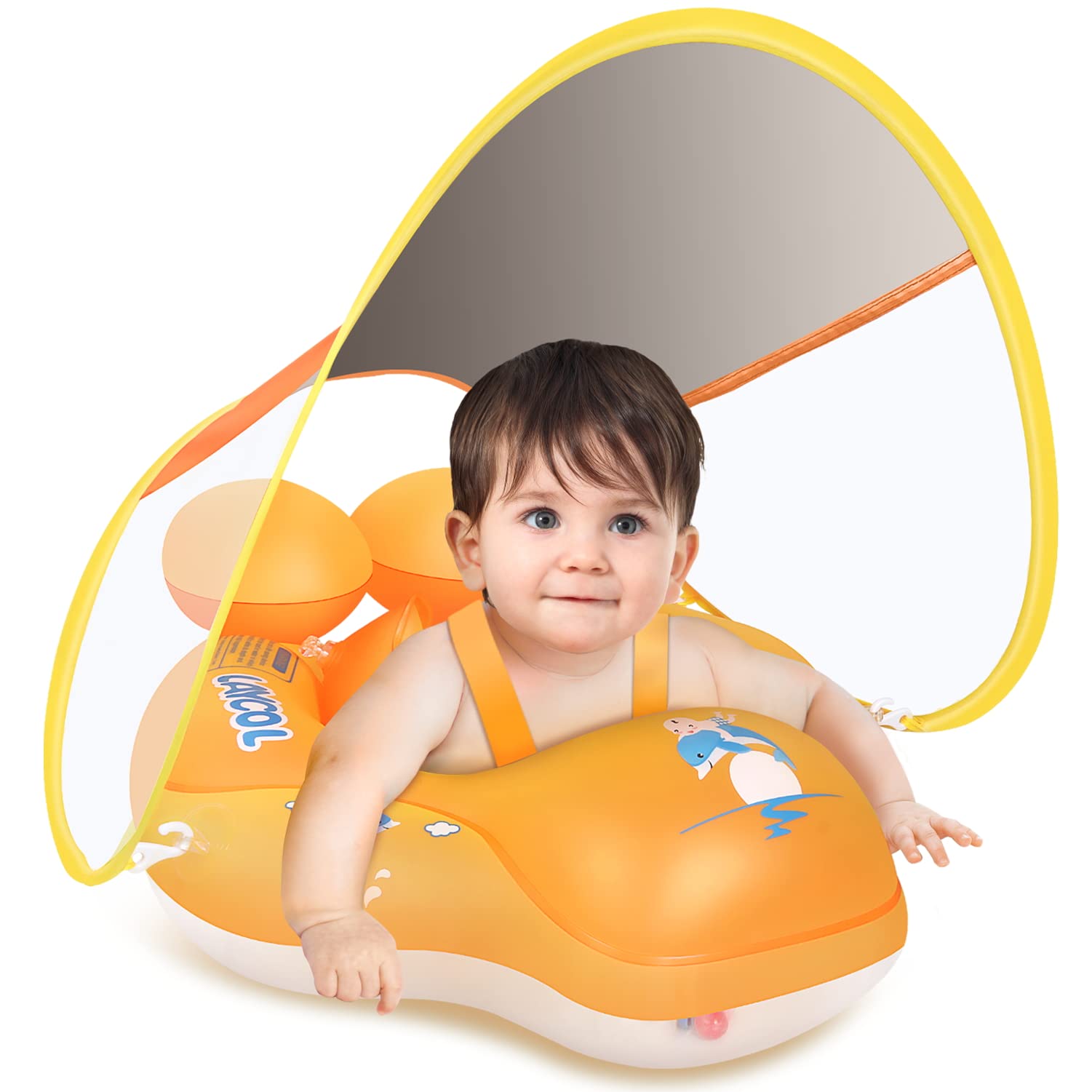 **LAYCOL Baby Swimming Pool Float with Removable UPF 50+ Sun Canopy - Inflatable Toddler Float for Ages 3-36 Months - Swimming Trainer for Infants & Toddlers (Yellow, Large) - Perfect for Beach, Pool & Summer Water Play**