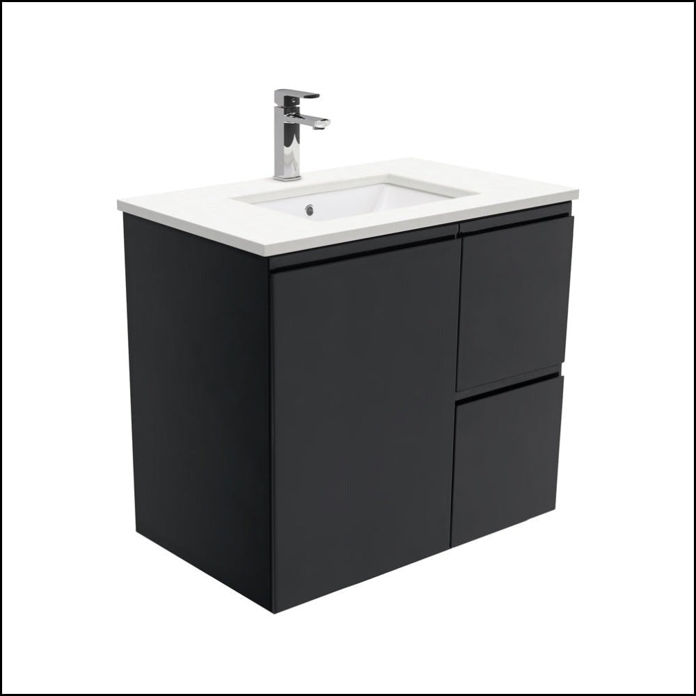 Fienza 30-Inch Undermount Bathroom Vanity with Crystal Pure Stone Top, Wall Mounted Satin Black Finish, Right Drawers & Finger Pull Design - Perfect for Modern Small Bathrooms and Powder Rooms