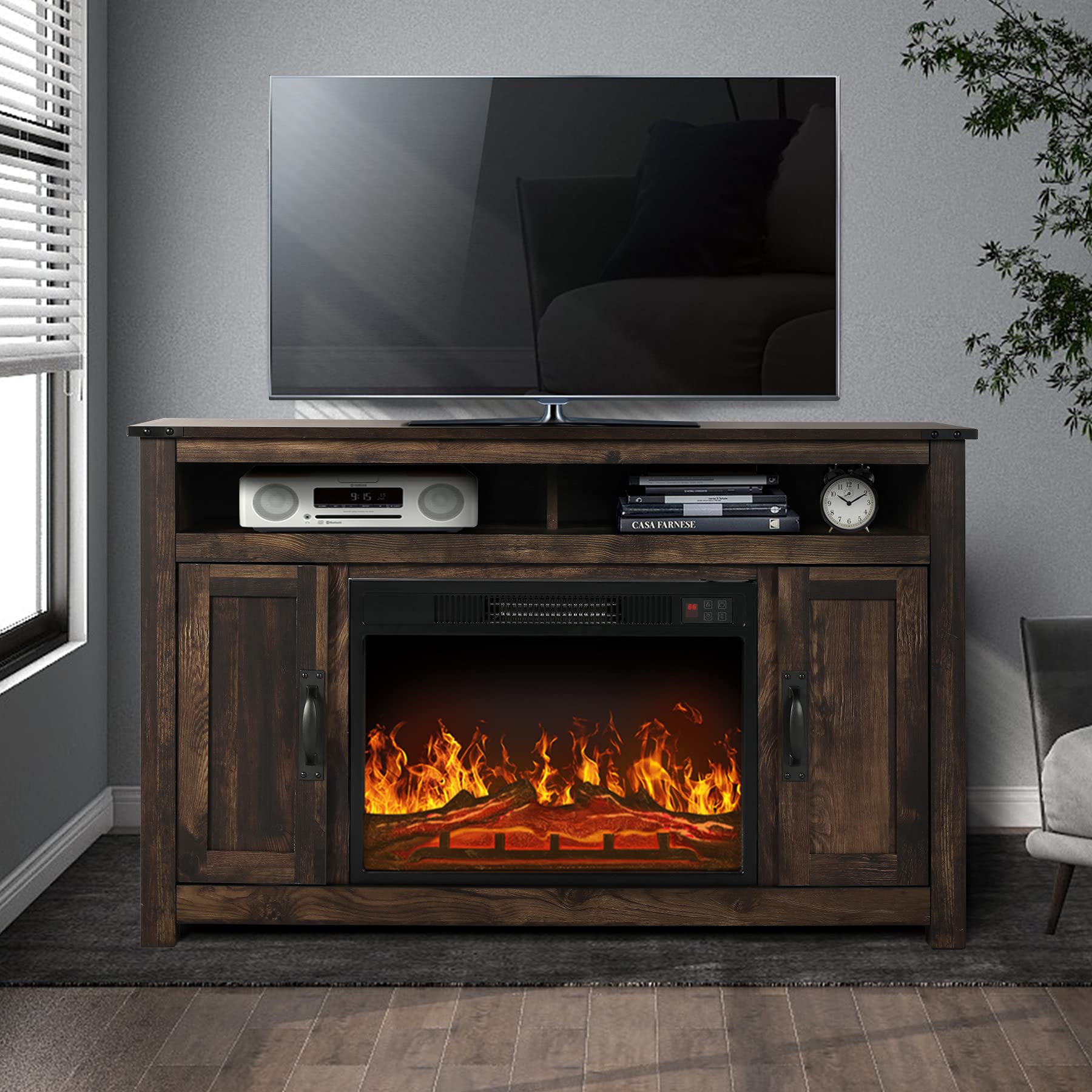 Farmhouse Barn Door TV Stand for 55 Inch TVs, Rustic Brown Entertainment Center with 2 Storage Cabinets & Open Shelves - Perfect for Living Room, Home Theater & Farmhouse Decor