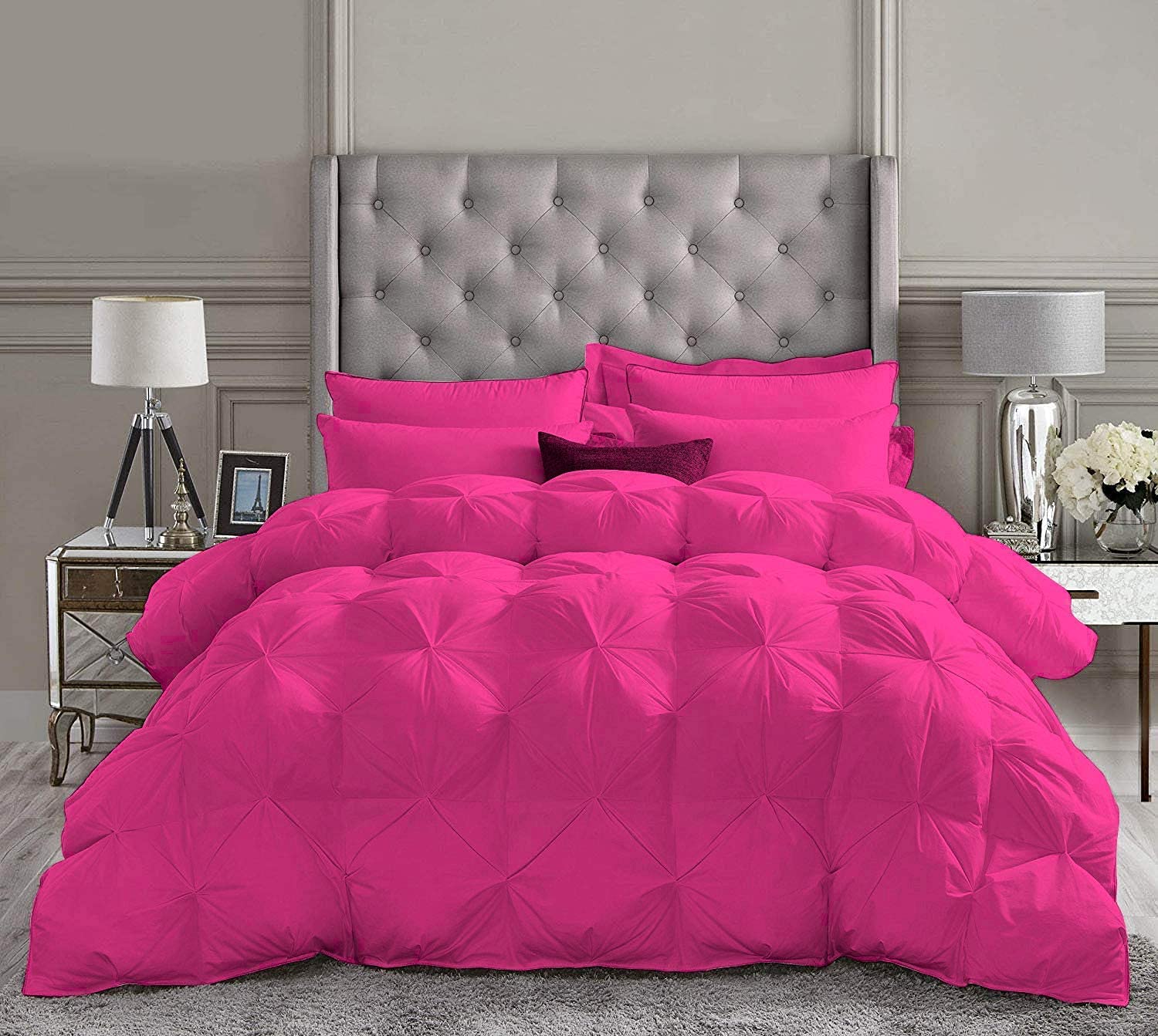 5-Piece California King Bedding Set - Hot Pink Pinch Pleated Comforter & Sheet Set | Luxury Bed in a Bag for Master Bedroom & Guest Room Decor