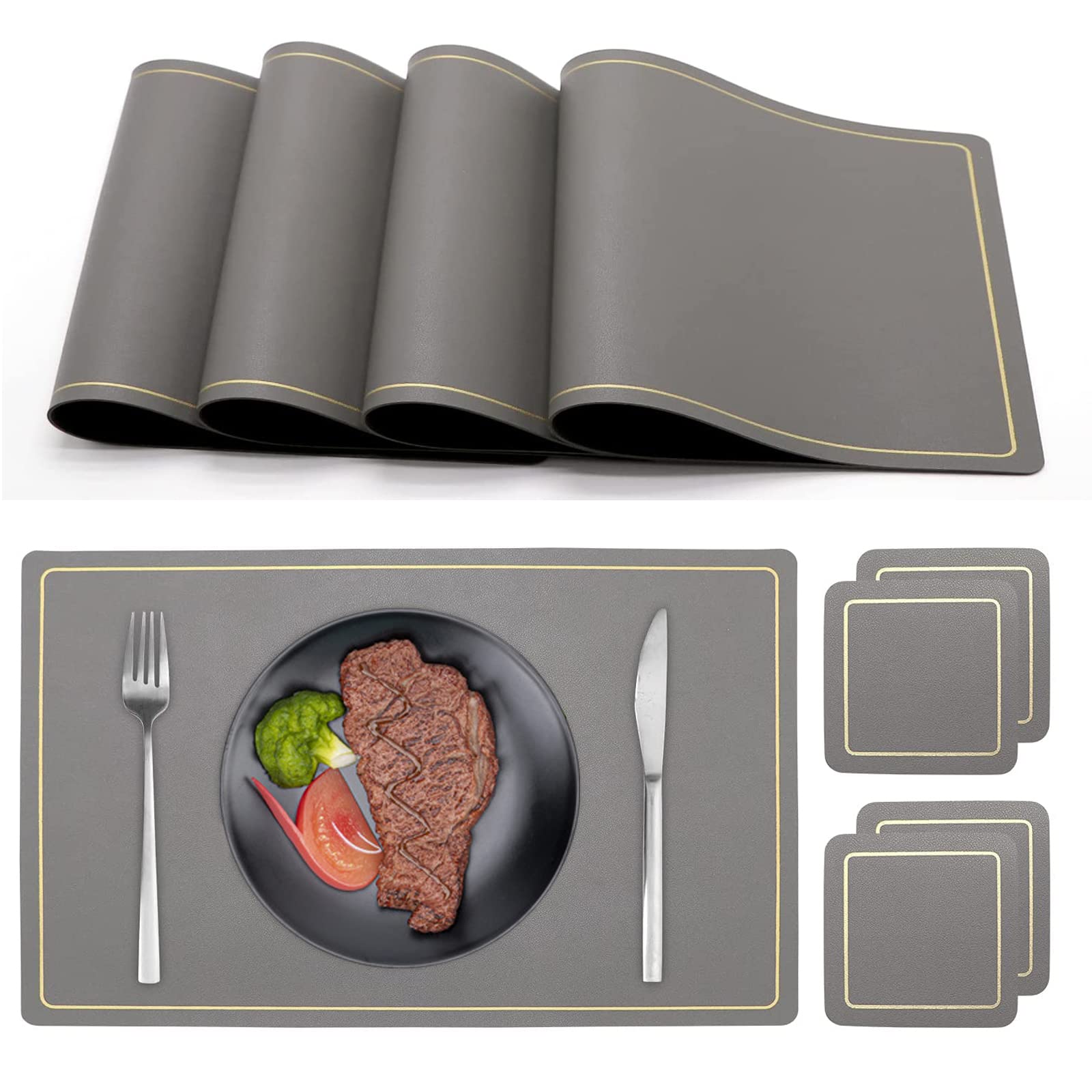 Premium Leather Placemats Set of 4 with Matching Coasters - Non-Slip Heat-Resistant Washable Table Mats for Dining Table - Modern Gray Placemats for Home, Restaurant & Office Use