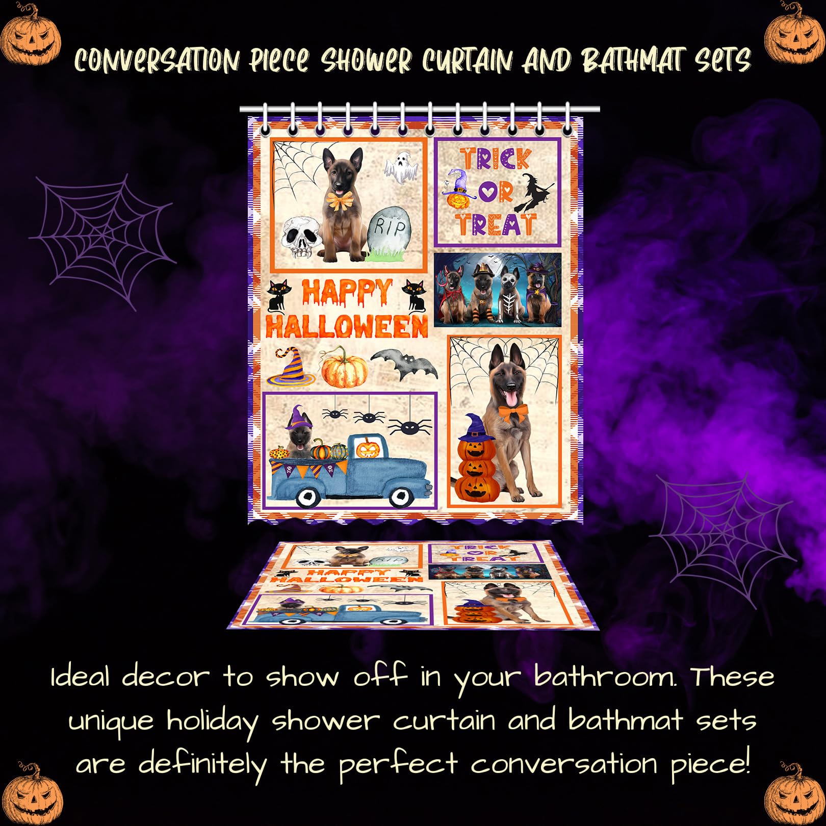 Halloween Trick or Treat Belgian Malinois Dog Bath Mat & Shower Curtain Set - Non-Slip Bathroom Decor, Plush Rug & Polyester Bathtub Curtain with Hooks (Mat 20