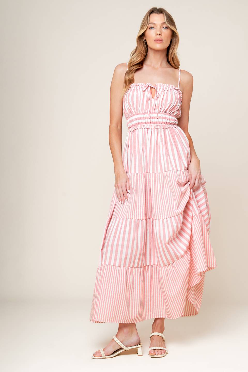 Elegant Peony Pink Striped Maxi Dress for Women - Flowy Summer Beach Dress for Vacations, Parties & Casual Outings