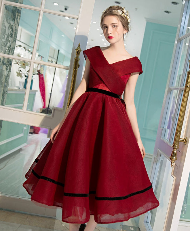 Elegant Burgundy V-Neck Tea Length Prom Dress | Formal Evening Gown for Homecoming, Wedding Guest & Special Occasions