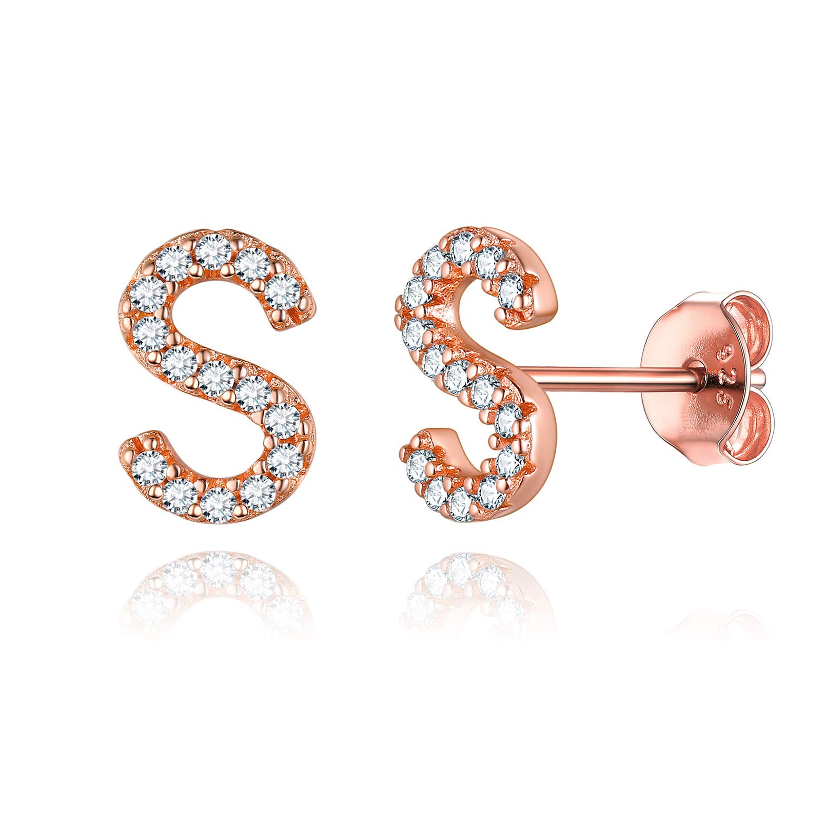 ChicSilver Women's Initial 'S' Earrings - Sterling Silver & Rose Gold Tiny CZ Stud Earrings for Everyday Wear | Personalized Jewelry Gift for Her | Perfect for Casual, Office & Date Nights