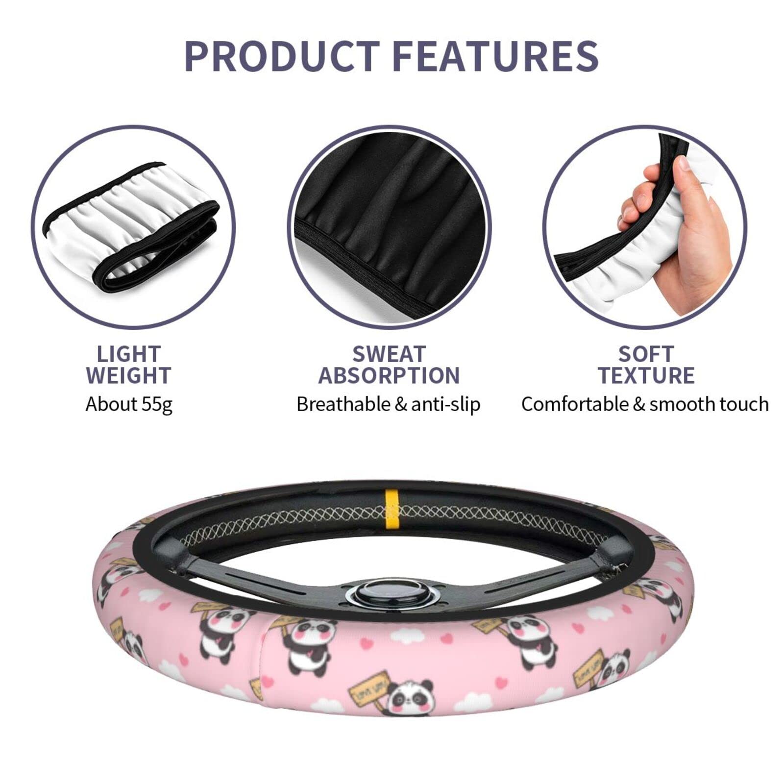 Universal 15 Inch Cute Panda Bear Pink Steering Wheel Cover - Soft Neoprene Car Steering Wheel Protector with Adorable Panda Print - Perfect for Women's Cars, Gifts & Daily Driving Comfort