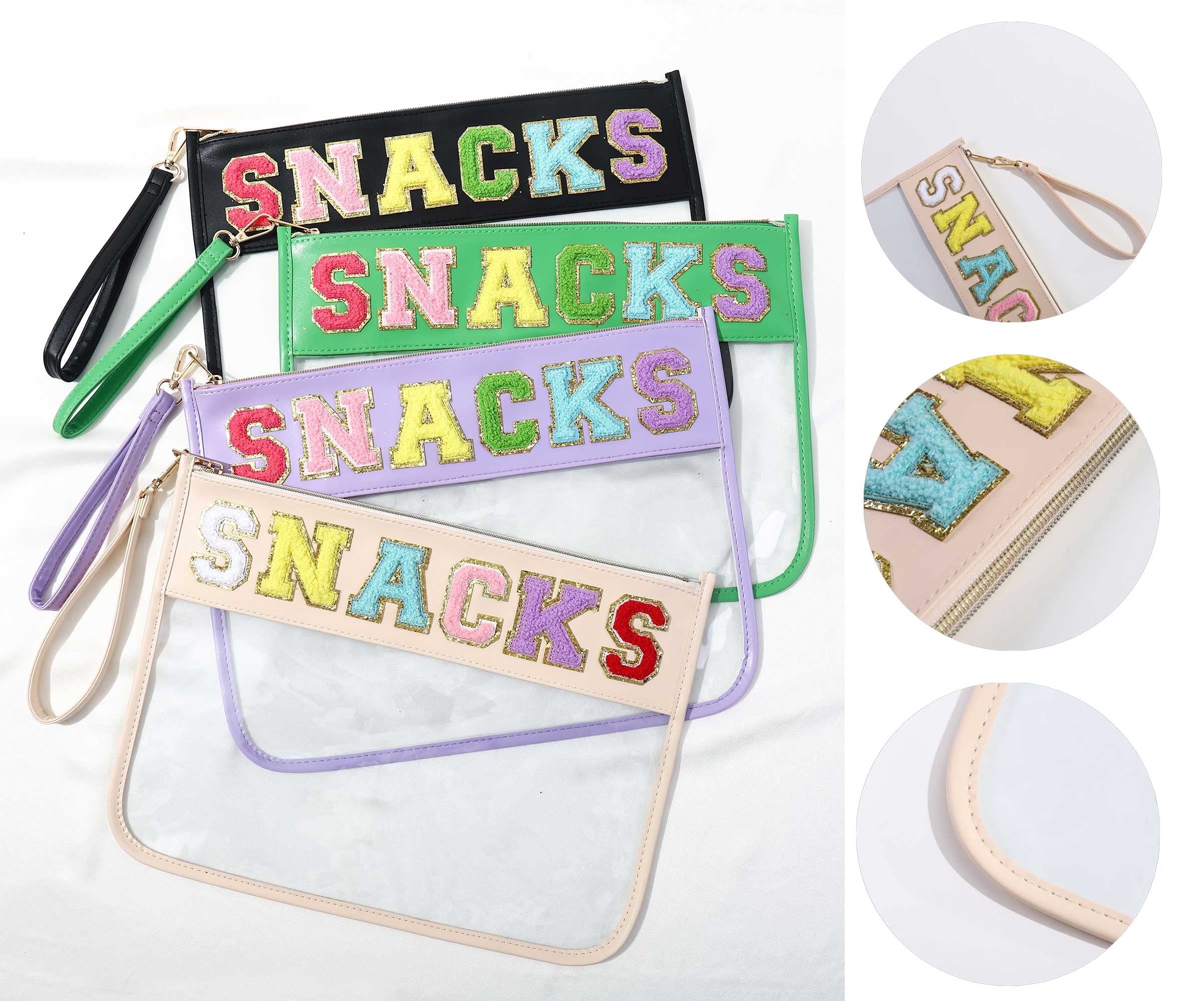 HASIOY Clear Pouch with Patches - Snacks Bag, Chenille Letter Cosmetic Tote Bag with Gold Shoulder Straps - Perfect for School, Travel, and Everyday Use
