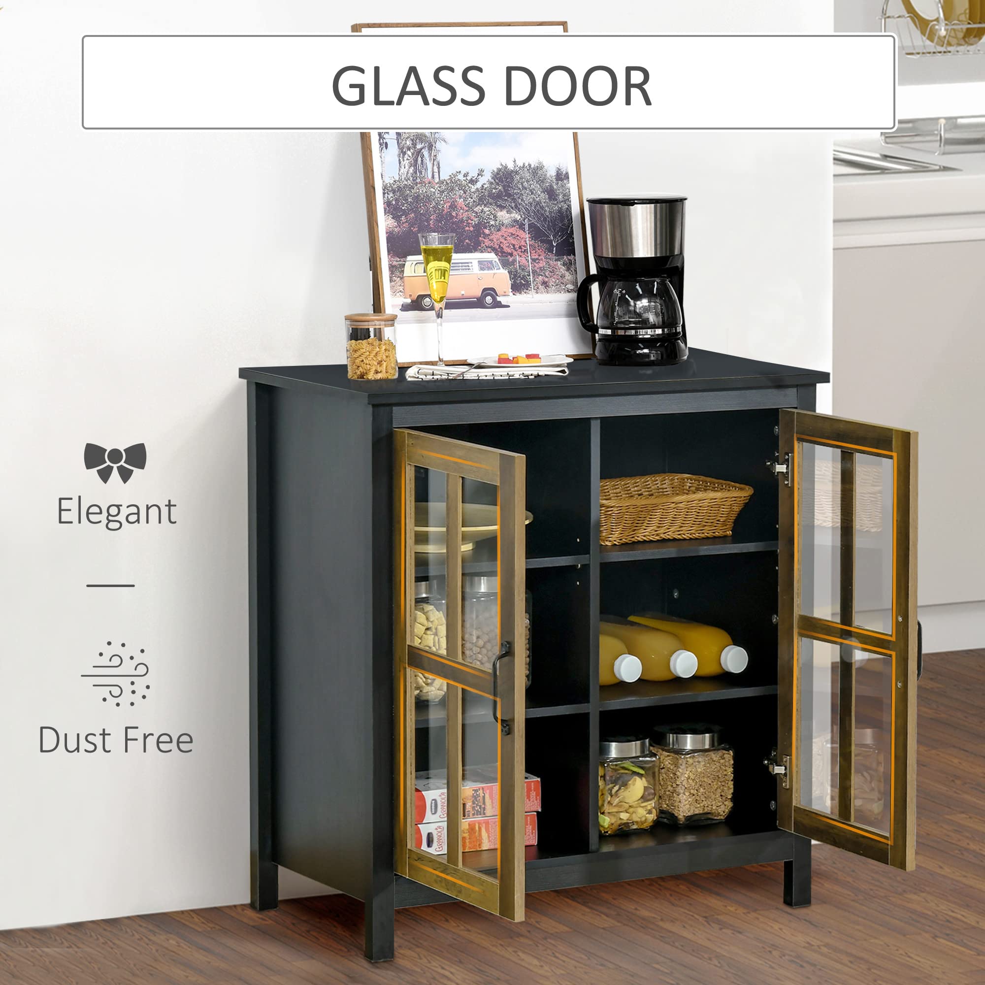 HOMCOM Sideboard Buffet Cabinet with Glass Doors - Kitchen Storage Cabinet, Entryway Accent Furniture with Adjustable Shelves for Living Room - Black Wood Grain Finish | Perfect for Dining Room Storage, Hallway Decor & Home Organization