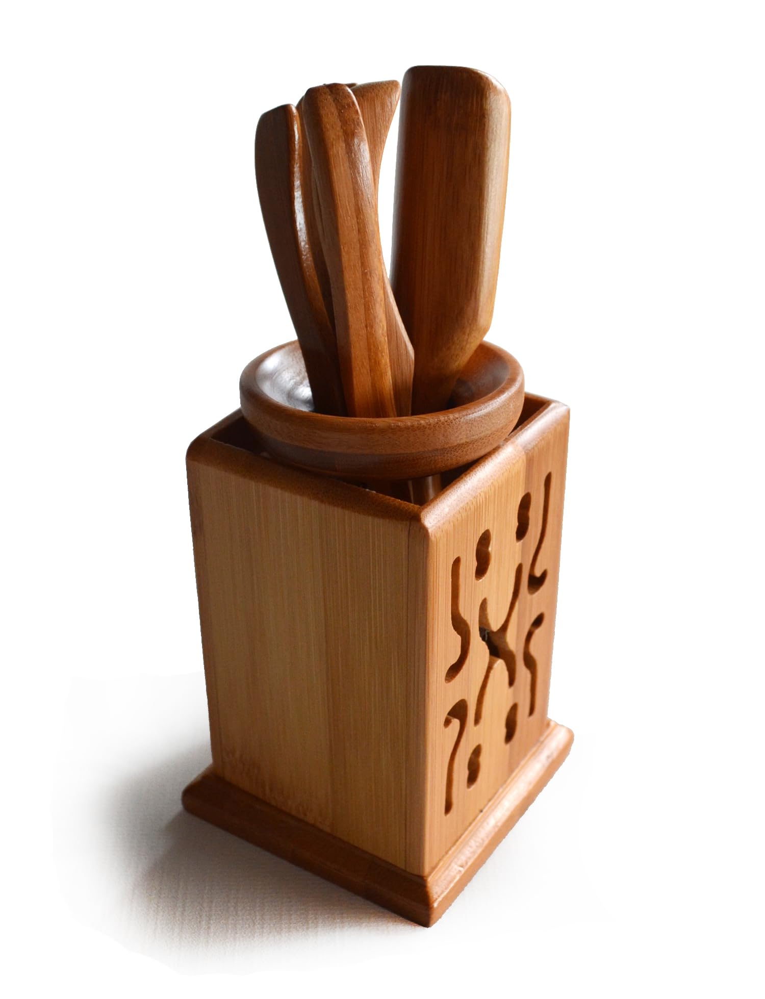 Premium Bamboo GongFu Tea Set - Tea Scoop, Tongs, Tea Needle & Funnel in Square Canister | Traditional Chinese Tea Ceremony Tools for Home & Office Tea Brewing
