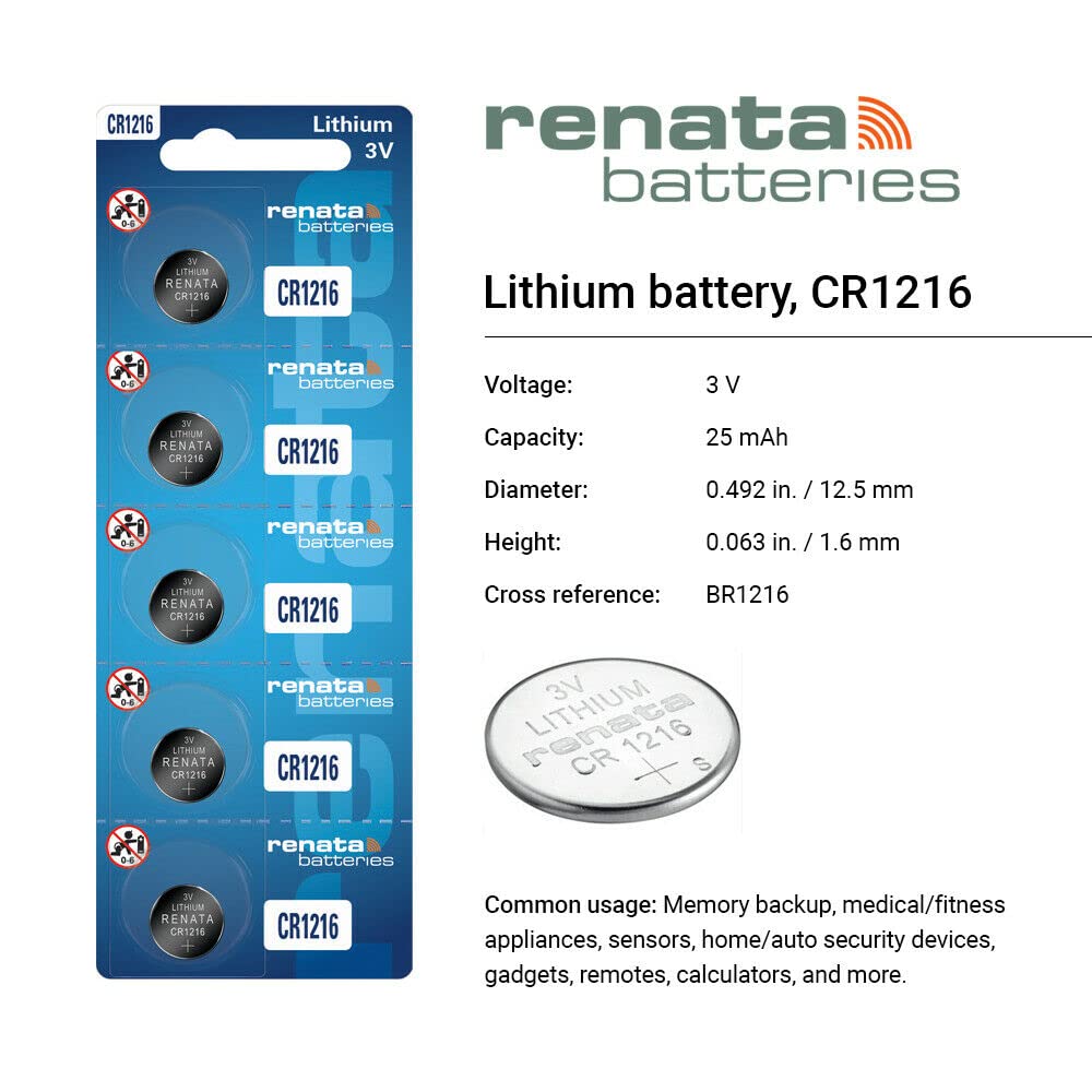 Renata CR1216 3V Lithium Coin Cell Batteries (5-Pack) - Long-Lasting Power for Watches, Calculators, Key Fobs & Small Electronics