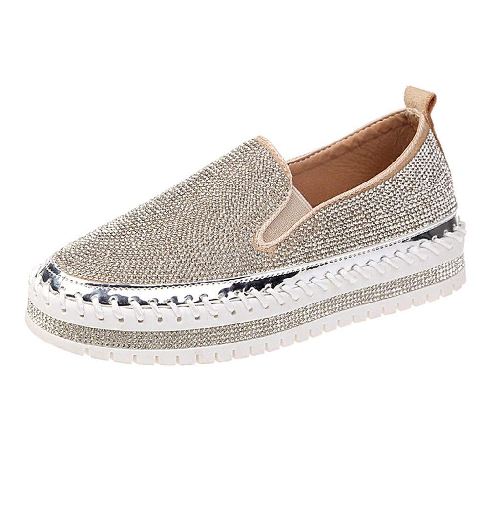 Nevera Silver Rhinestone Loafers for Women - Fashion Platform Slip-On Flats with Bling Round Toe | Perfect for Casual Wear, Office, and Party Outfits