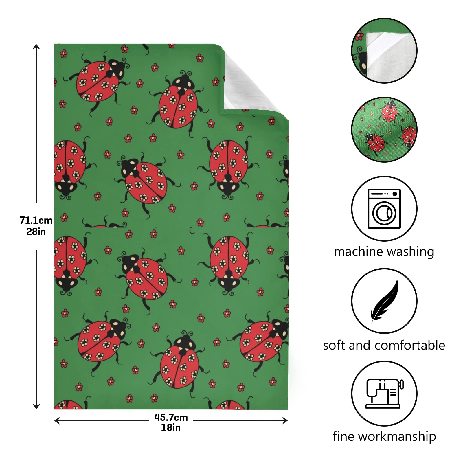 Seamless Red Ladybugs with Flowers on Green Kitchen Dish Towel Set - 1 Polyester Hemmed Napkin, Terry Towel & Dishcloth for Hand Drying, Bar Cleaning & Tea Time - Hanging Loop Included for Convenient Storage