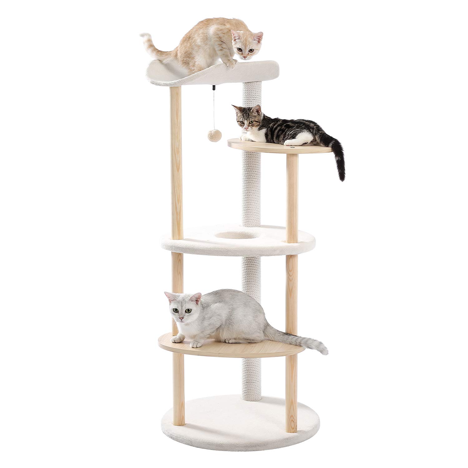 Premium Multi-Level Cat Tree - Modern Wooden Cat Tower with Scratching Posts, Hammock & Condo - Beige Activity Center for Indoor Cats - Perfect for Play, Climb & Nap in Small Spaces