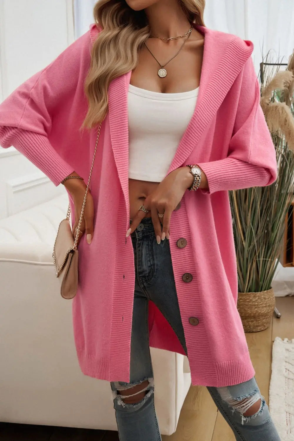 Women's Button Up Long Sleeve Hooded Cardigan Sweater - Cozy Fall & Winter Layering Piece for Casual Outfits and Office Wear