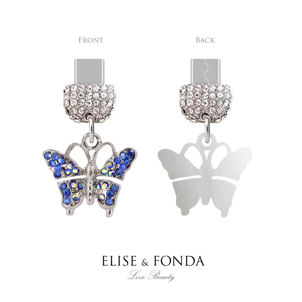 ELISE & FONDA TP155 Crystal Anti-Dust USB-C Plug with Butterfly Charm - Compatible with Samsung Galaxy, Huawei, OnePlus, Xiaomi, OPPO Android Phones (Blue) - Perfect Phone Accessory for Protection & Style