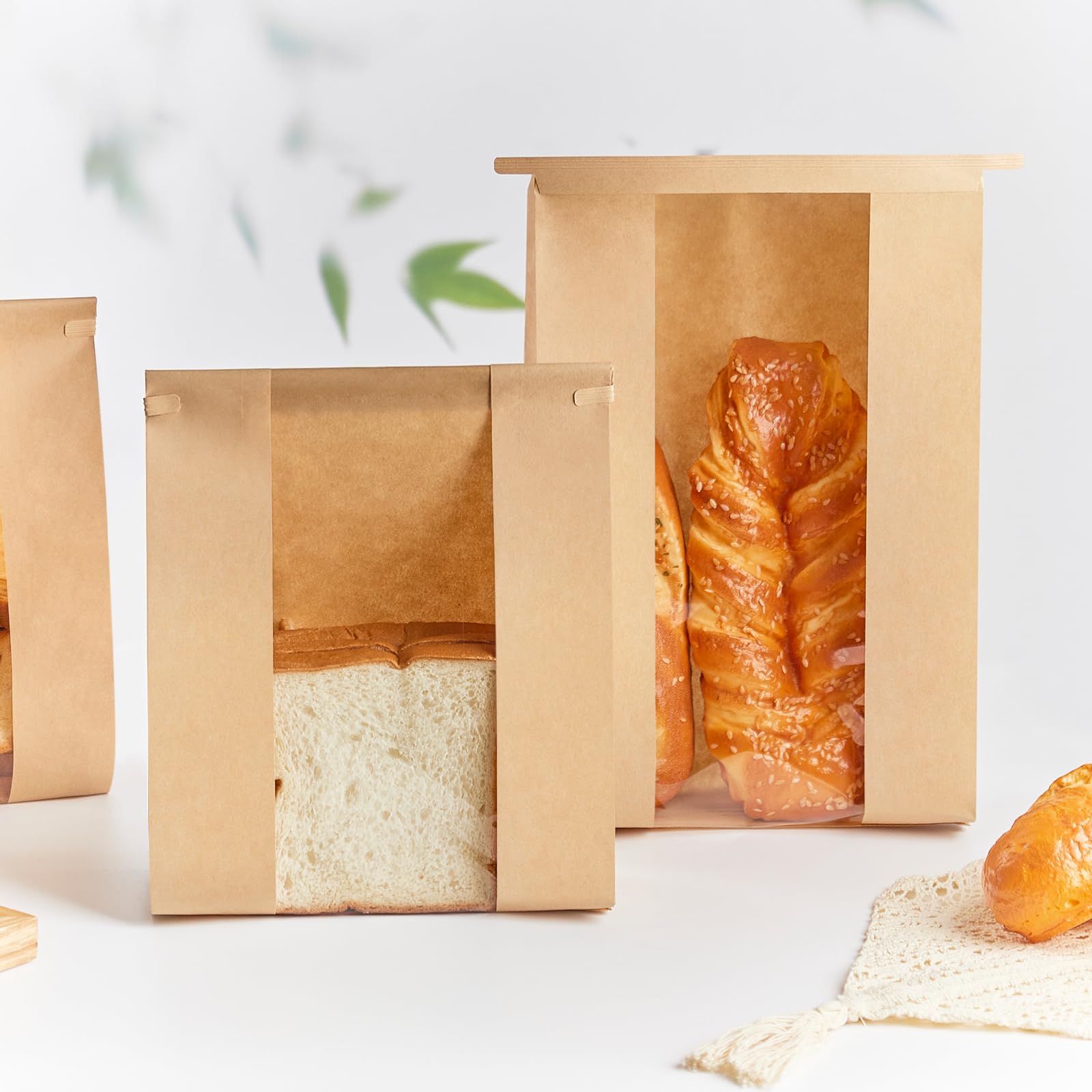 100 PCS Large Paper Bread Bags with Window - 13.7 x 8.2 x 3.5 Inches Bakery Packaging for Sourdough Bread, Homemade Loaves | Tin Tie Tab Lock & Seal Stickers | Perfect for Bakeries, Farmers Markets & Gift Packaging