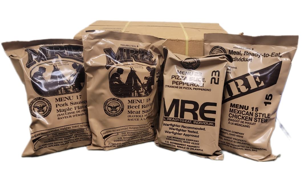 2024 Genuine US Military MREs (Meals Ready-to-Eat) - 4-Pack Assorted Flavors | Emergency Food Supply, Survival Meals for Camping, Hiking, Hunting & Disaster Preparedness | Long Shelf Life Military Grade Rations for Outdoor Adventures & Emergency Kits
