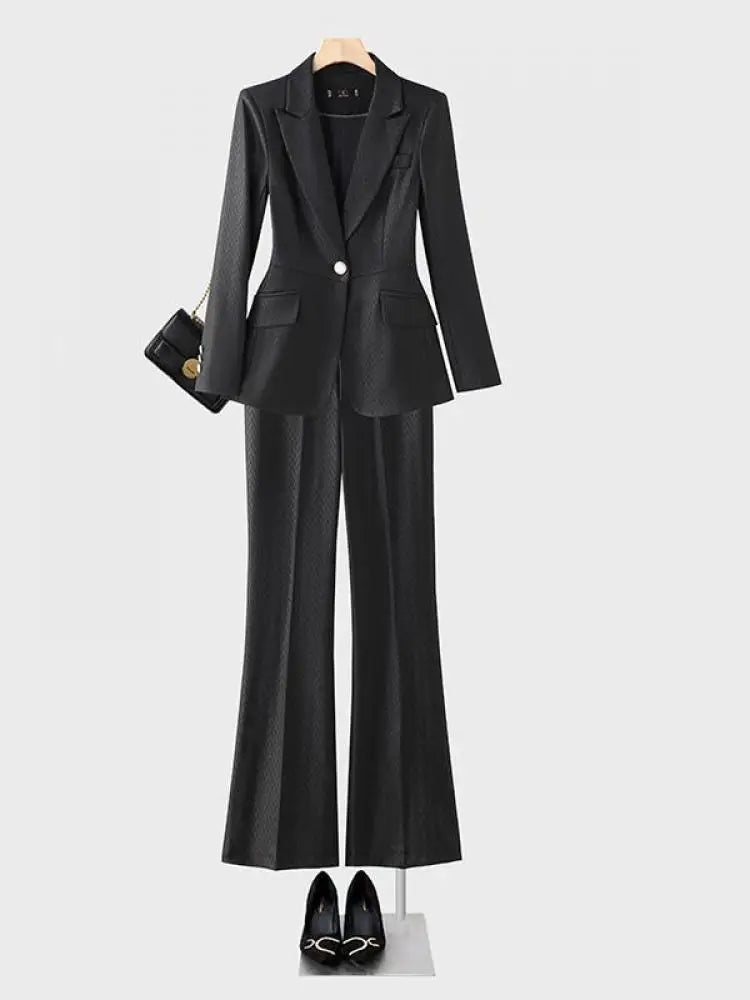 Women's Autumn Winter Office Blazer & High Waist Wide Leg Pants Set - Elegant Solid Color Two-Piece Suit for Work, Business Casual & Professional Outfits